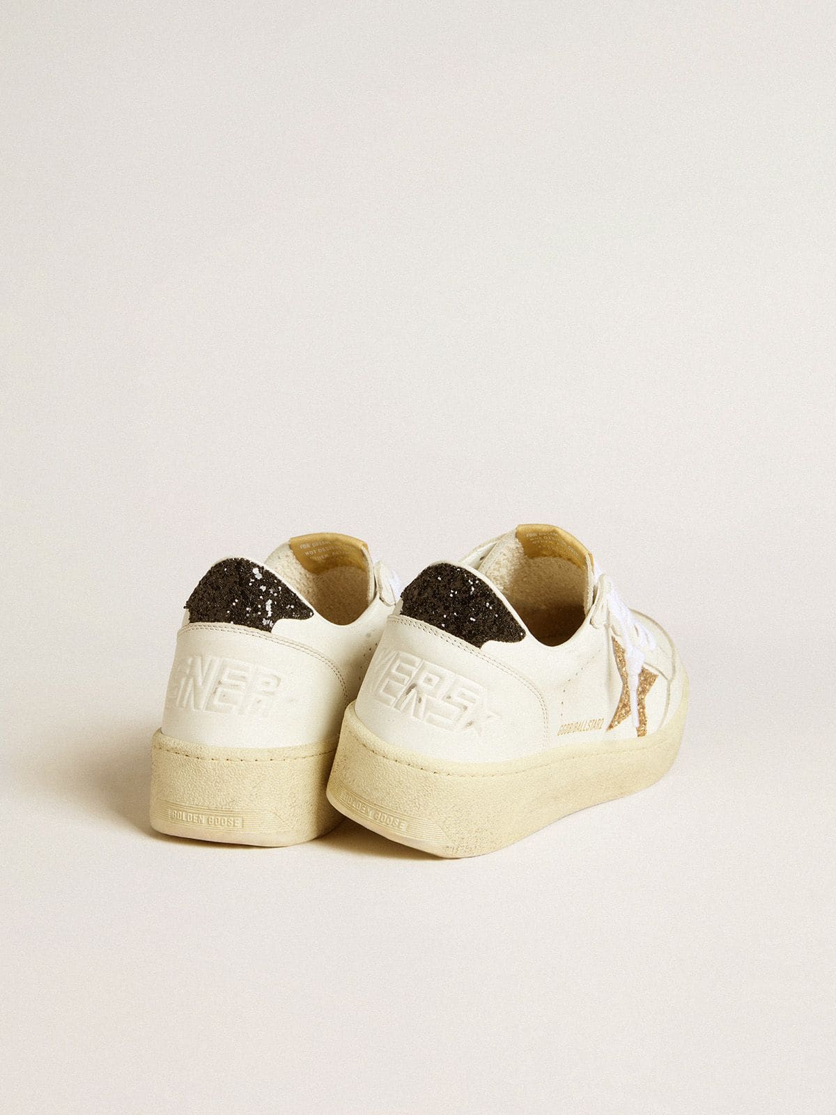 Women’s Ball Star in white leather with gold glitter star and black glitter heel tab - Golden Goose Women