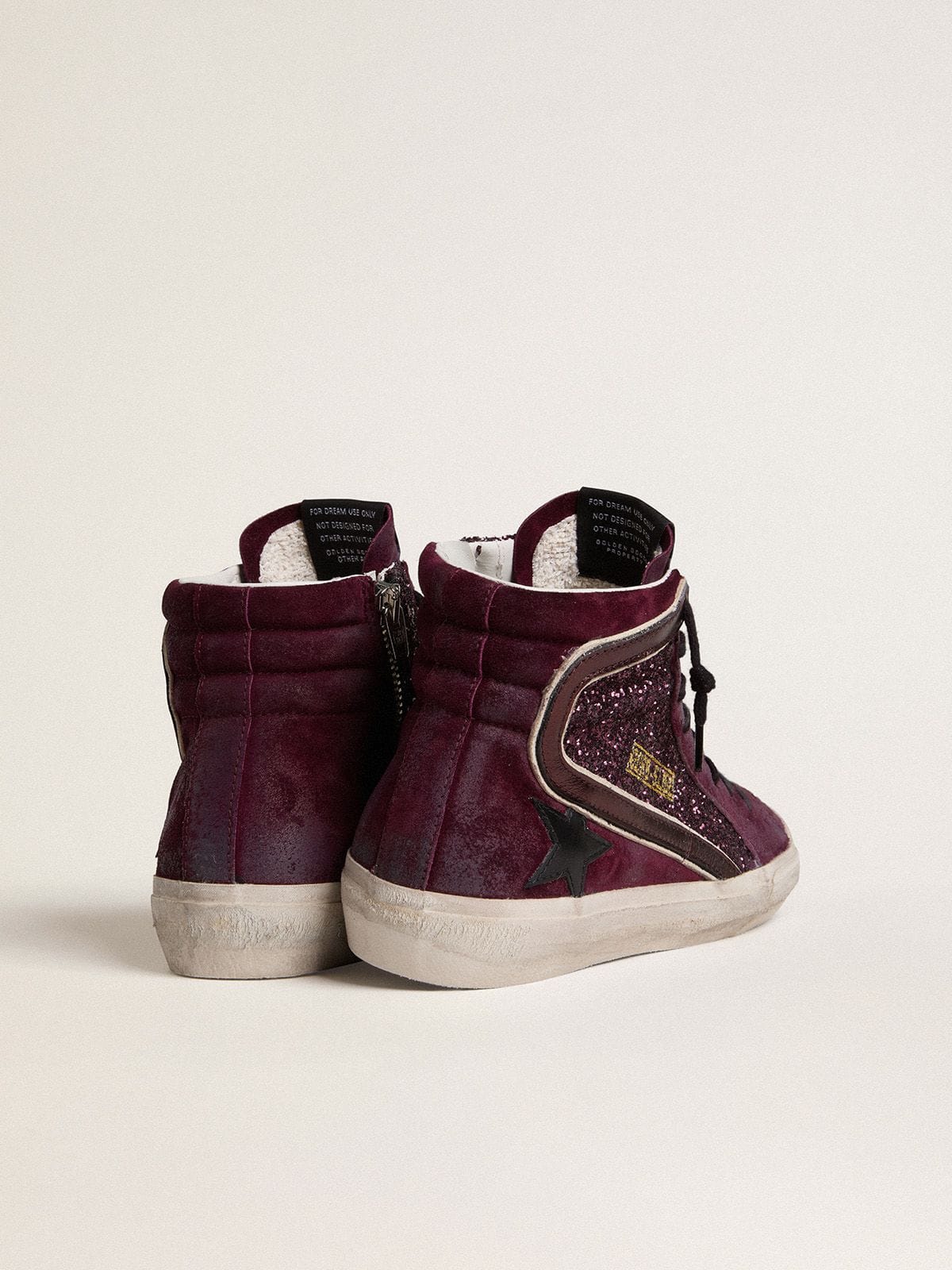 Women's Slide in black cherry glitter and suede with leather star and metallic leather flash - Golden Goose Women