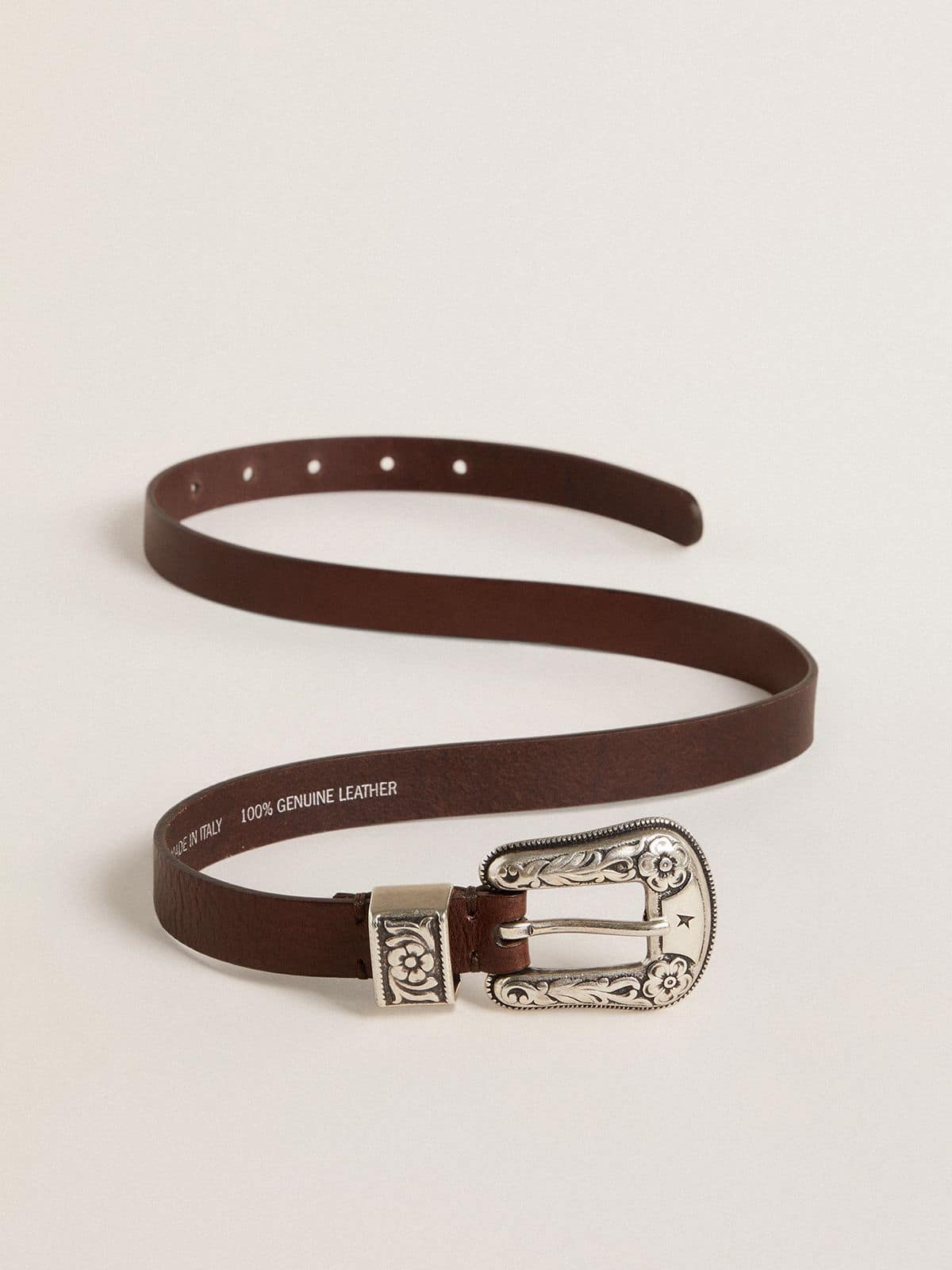 Women's dark brown leather belt with decorated silver buckle - Golden Goose Women
