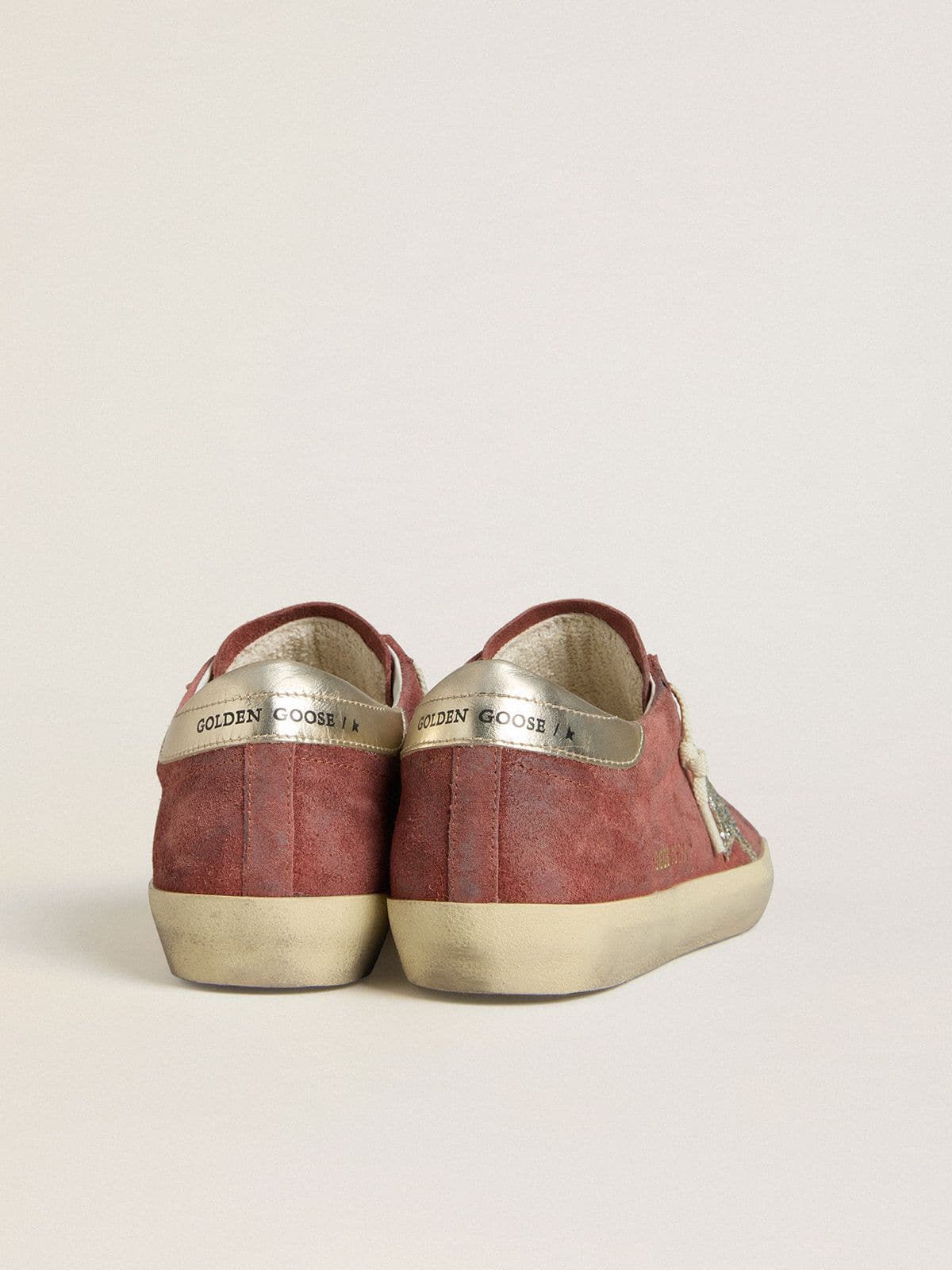 Women's Super-Star LTD in red suede with silver glitter star and laminated leather heel tab - Golden Goose Women