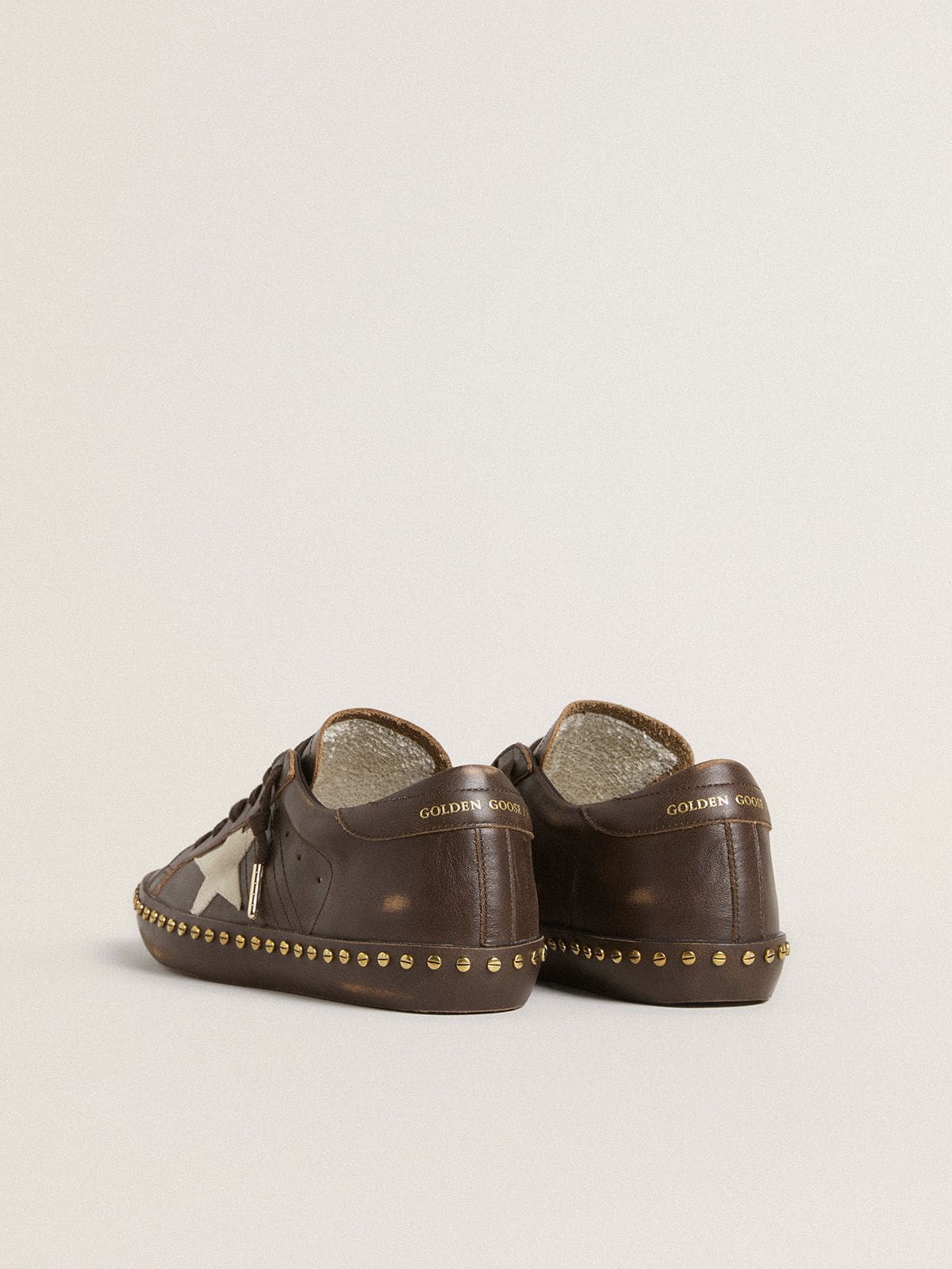 Women’s Super-Star LTD in dark brown leather with cream suede star and studs - Golden Goose Women