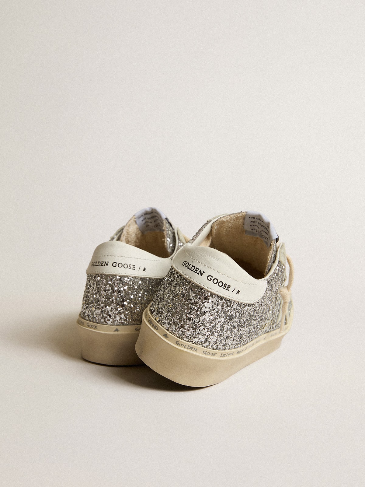 Women's Hi Star in silver glitter with suede star and white heel tab - Golden Goose Women