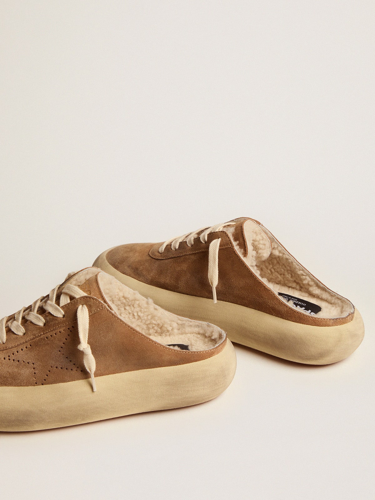 Women's Space-Star Sabot shoes in tobacco-colored suede with shearling lining - Golden Goose Women