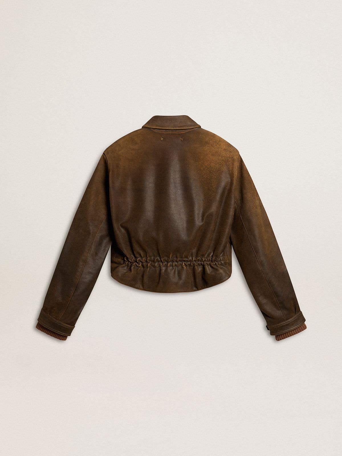 Women’s cropped brown leather biker jacket with zip - Golden Goose Women
