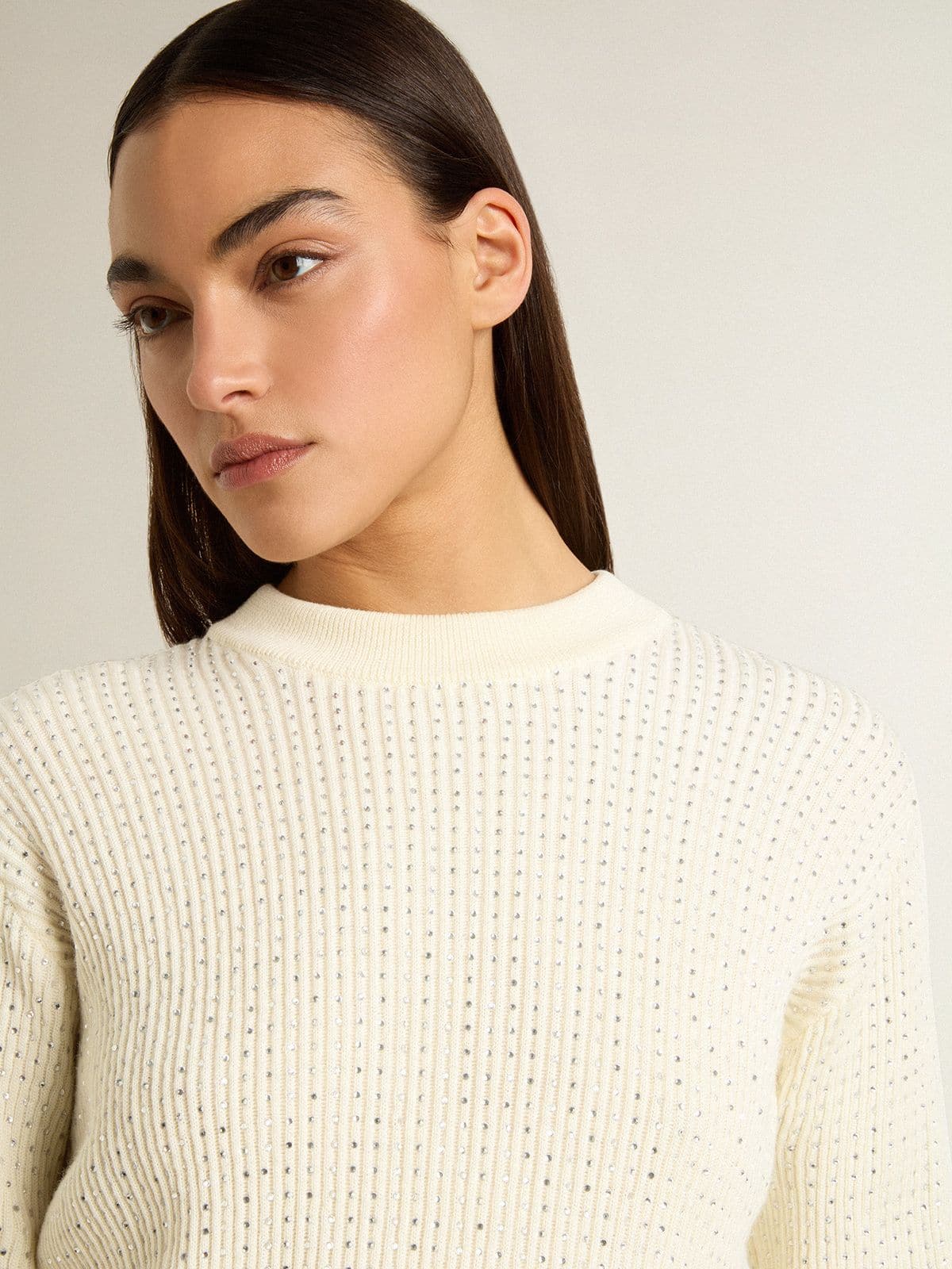 Women's crew-neck sweater in white merino wool with all-over crystals - Golden Goose Women