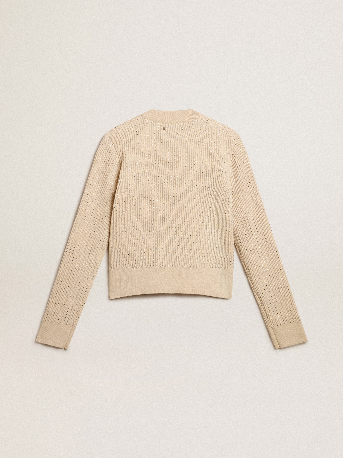 Cropped round-neck sweater in beige wool with all-over crystals - Golden Goose Women