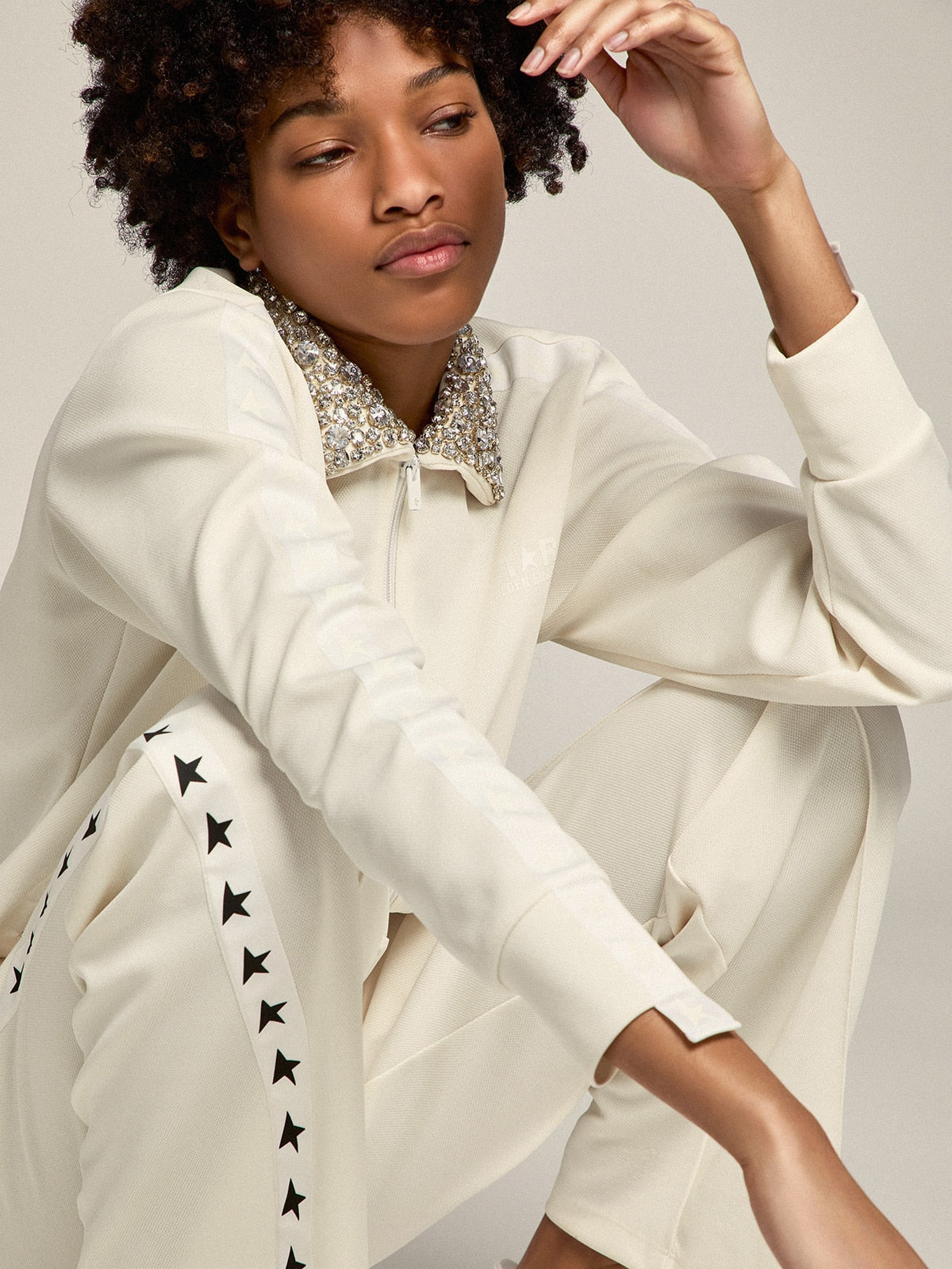 Papyrus white Denise Star Collection zipped sweatshirt with crystal collar - Golden Goose Women