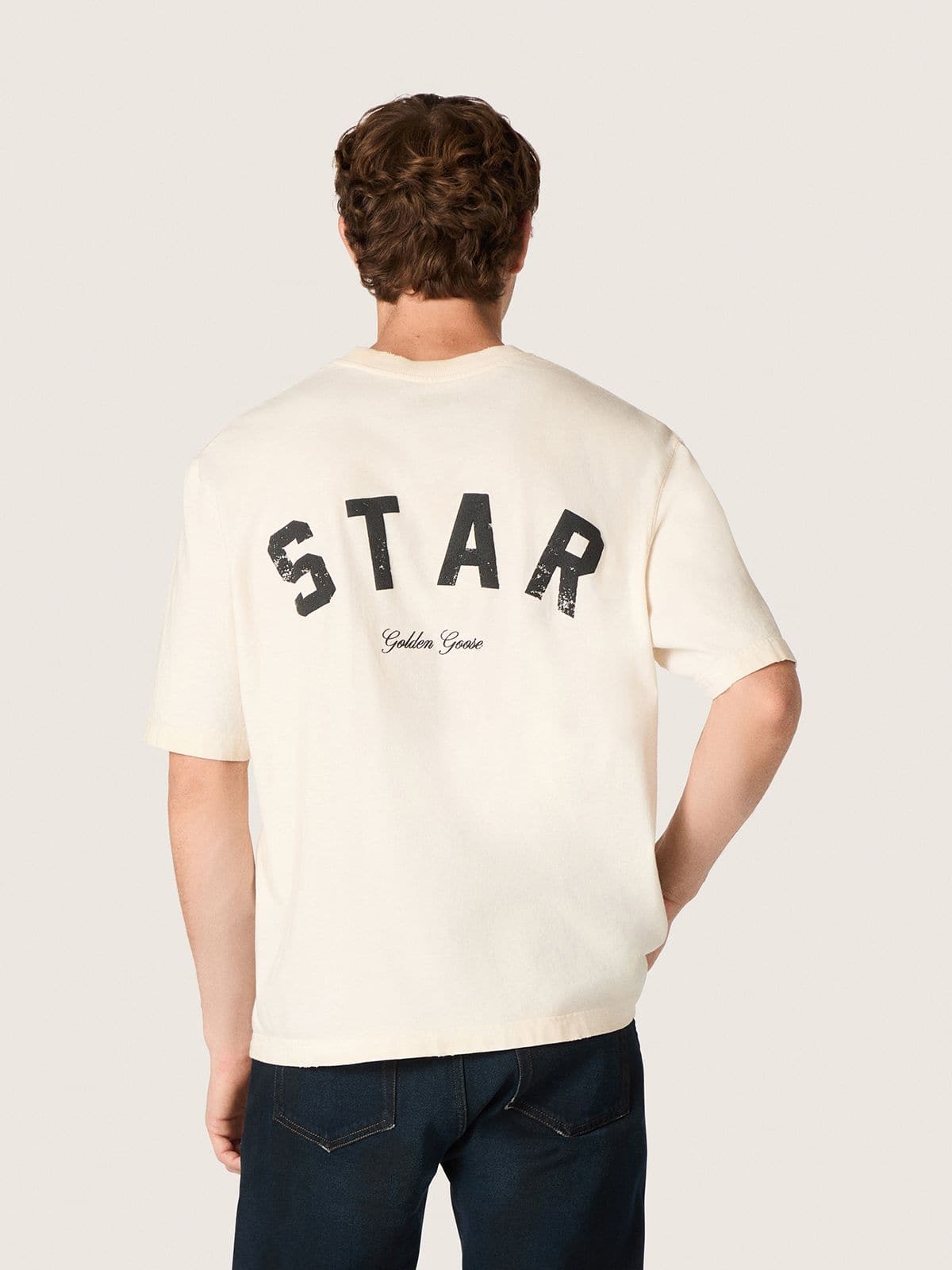 Star unisex cotton T-shirt in vintage white with black print on the back - Golden Goose Women|Men