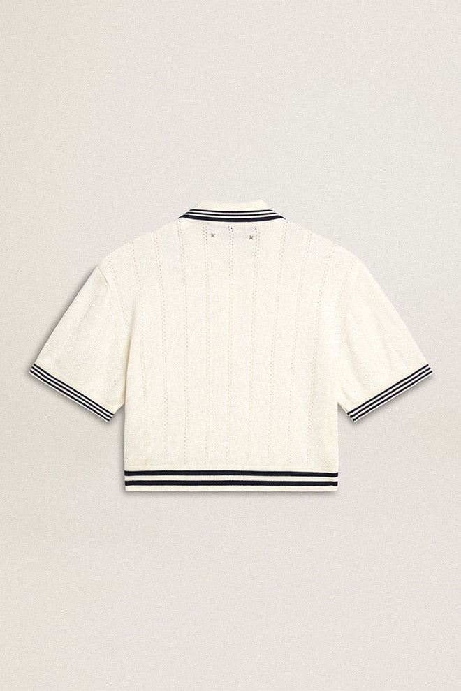 Women's cropped worn-white cotton polo shirt with blue ribbing - Golden Goose Women