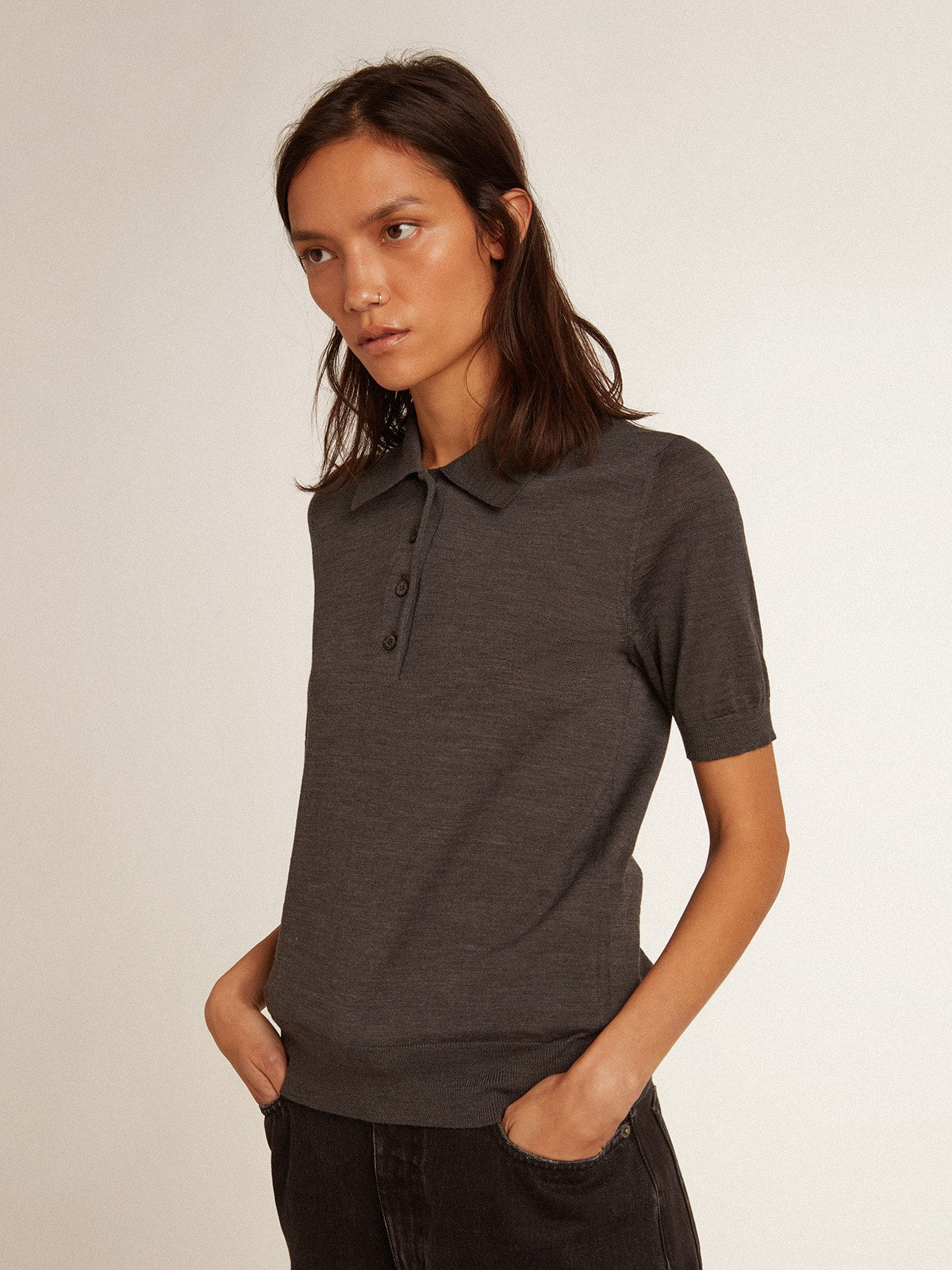 Women’s polo shirt in anthracite merino wool - Golden Goose Women