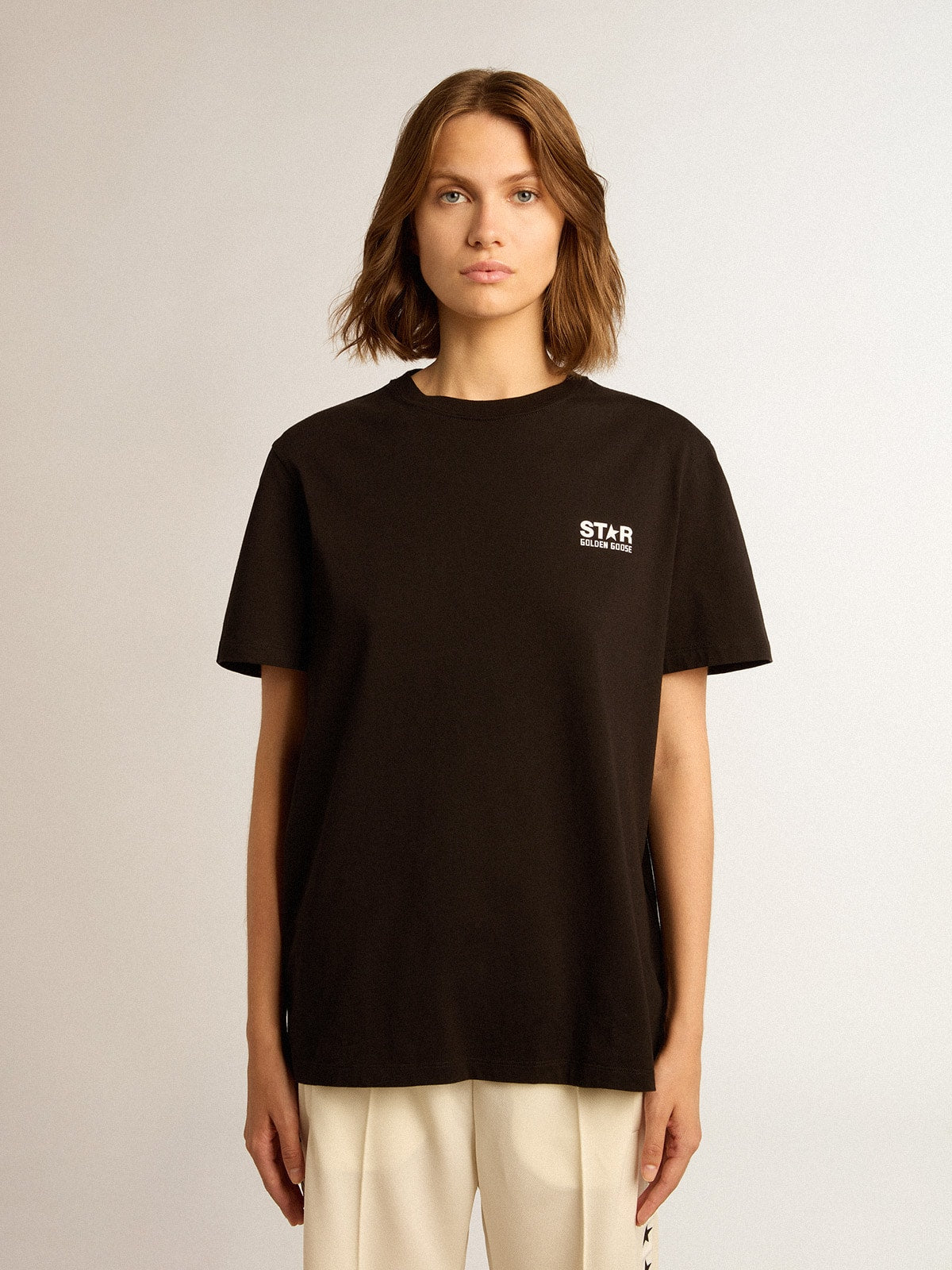 Black Star Collection T-shirt with contrasting white logo and star - Golden Goose Women