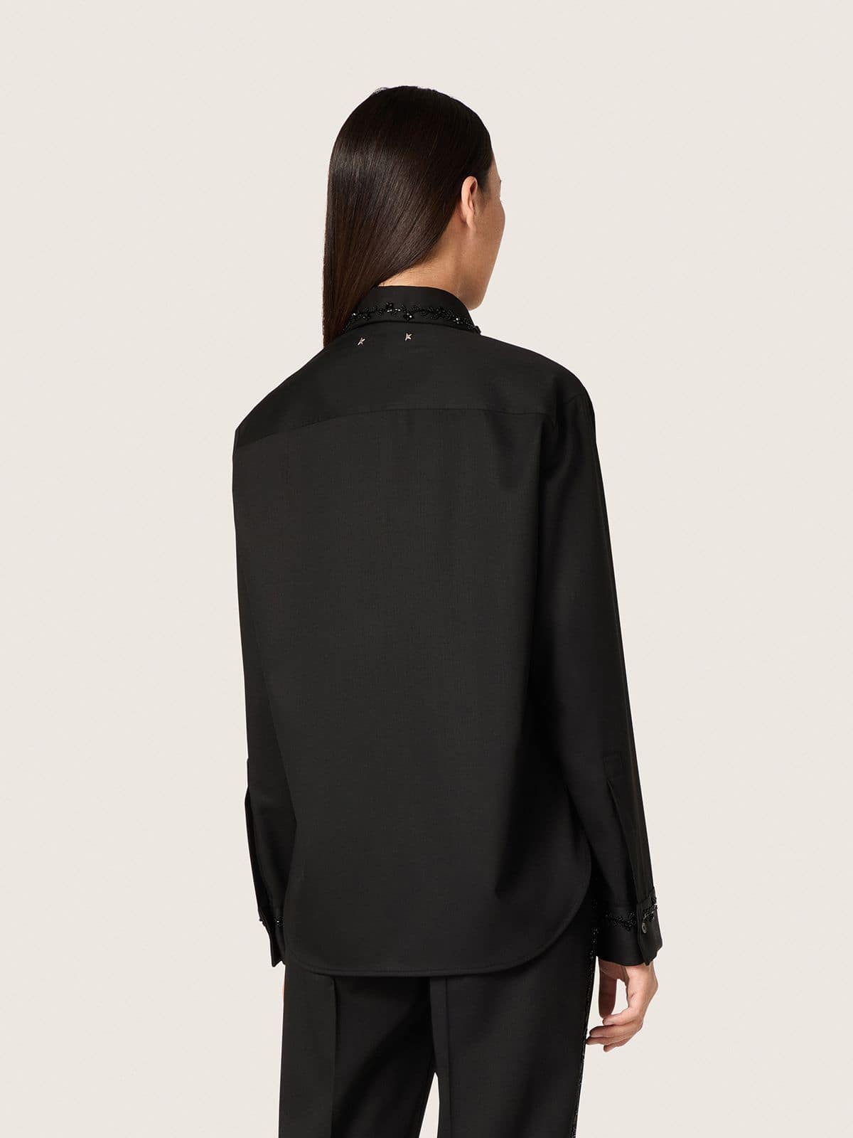 Women's shirt in black wool twill with floral embroidery in glass beads - Golden Goose Women