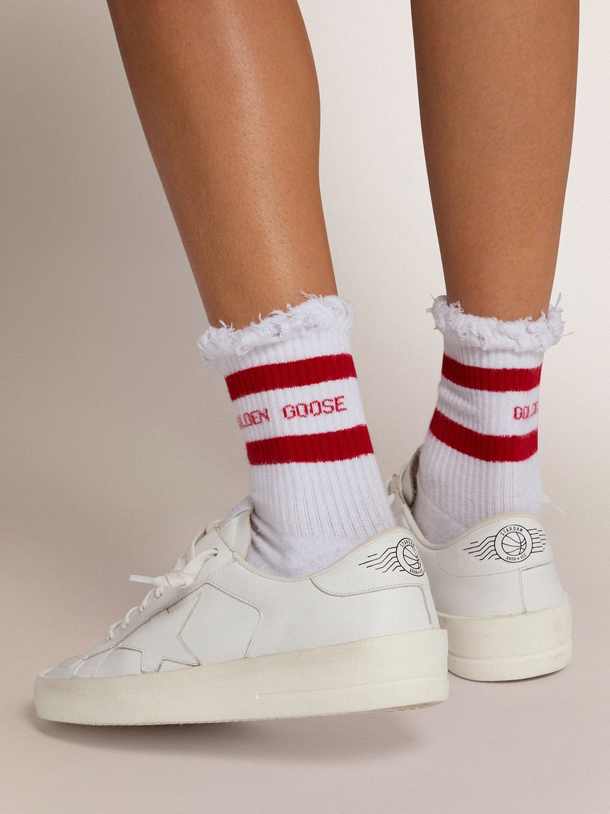 White socks with distressed details and red stripes - Golden Goose Women|Men