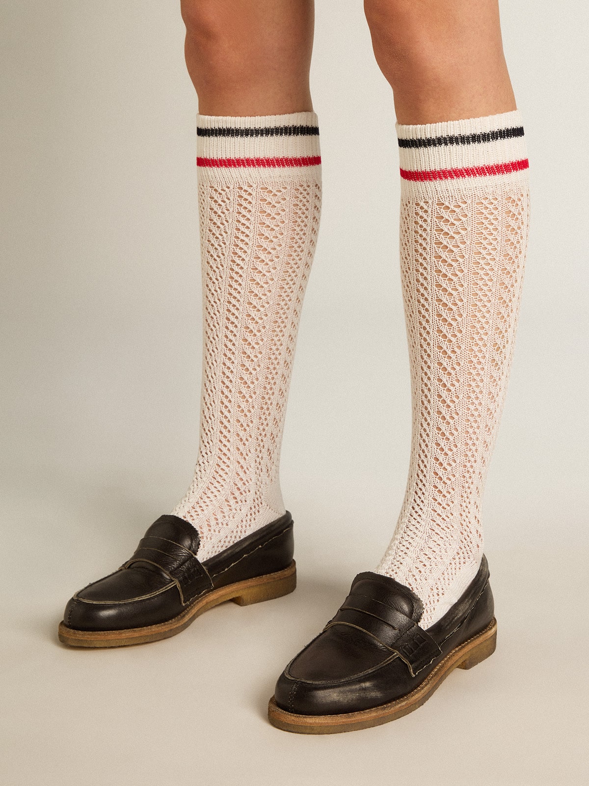 Long ribbed socks in vintage white with two-tone stripes - Golden Goose Women|Men