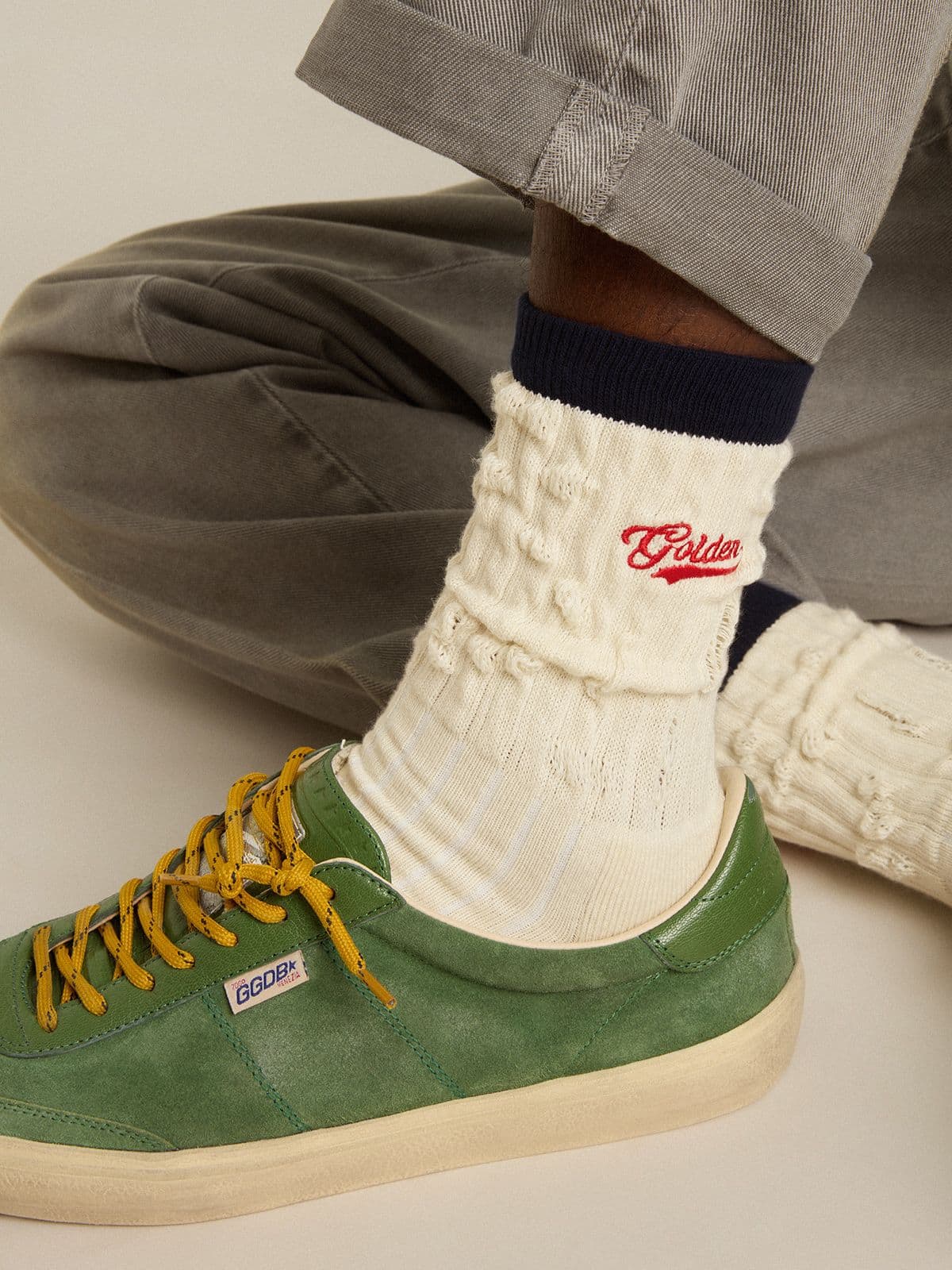 Cream ribbed socks with navy blue details and red logo - Golden Goose Women|Men