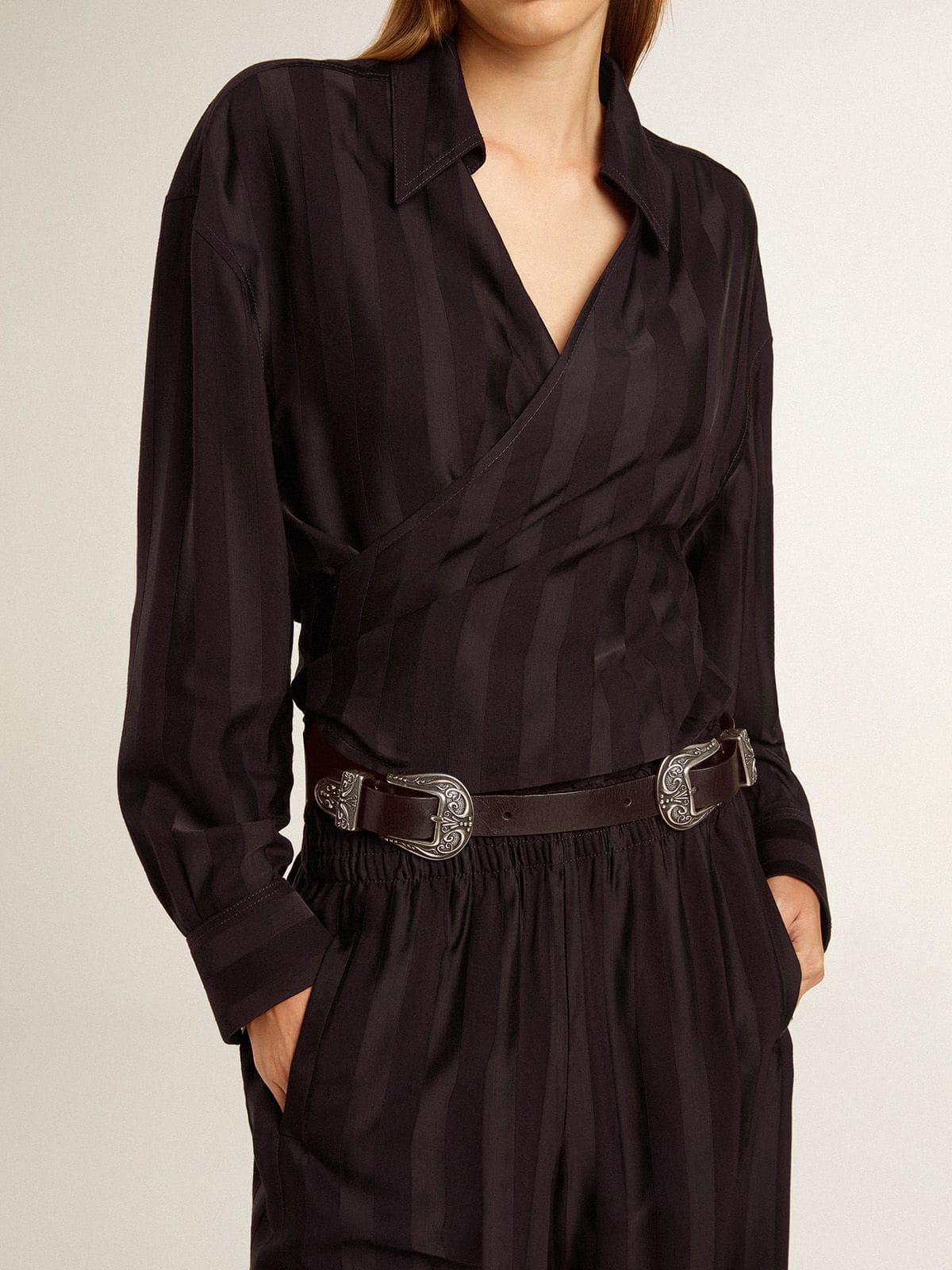 Black belt in washed leather with silver-colored double buckle - Golden Goose Women