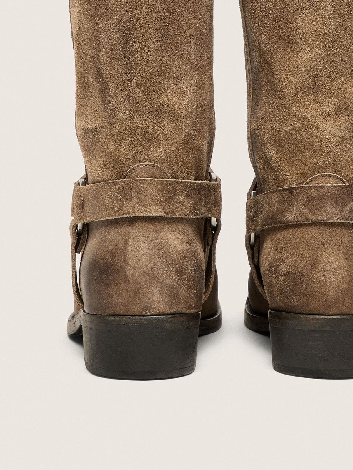 Women's high Biker boots in dark beige waxed suede with strap and a silver-colored buckle - Golden Goose Women