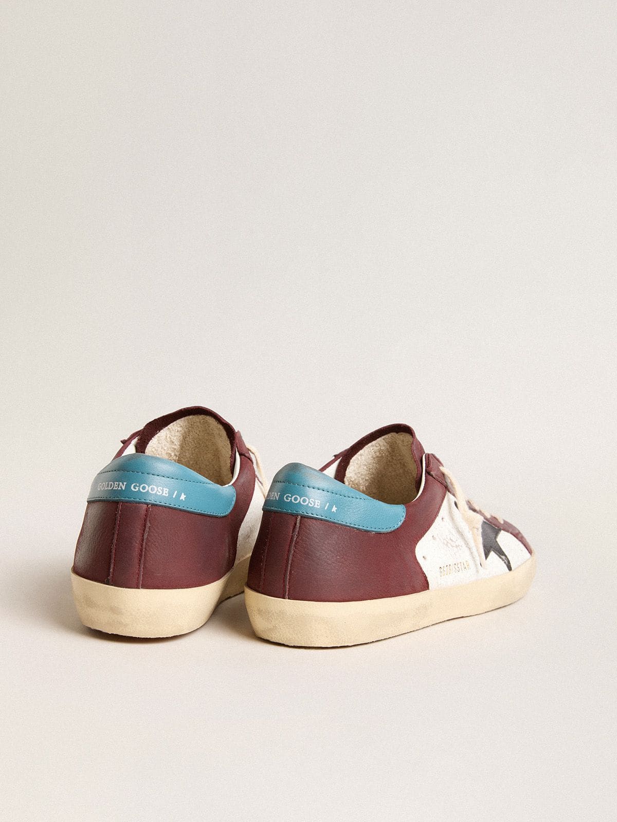Men’s Super-Star in crackle leather with brown star and teal heel tab - Golden Goose Men