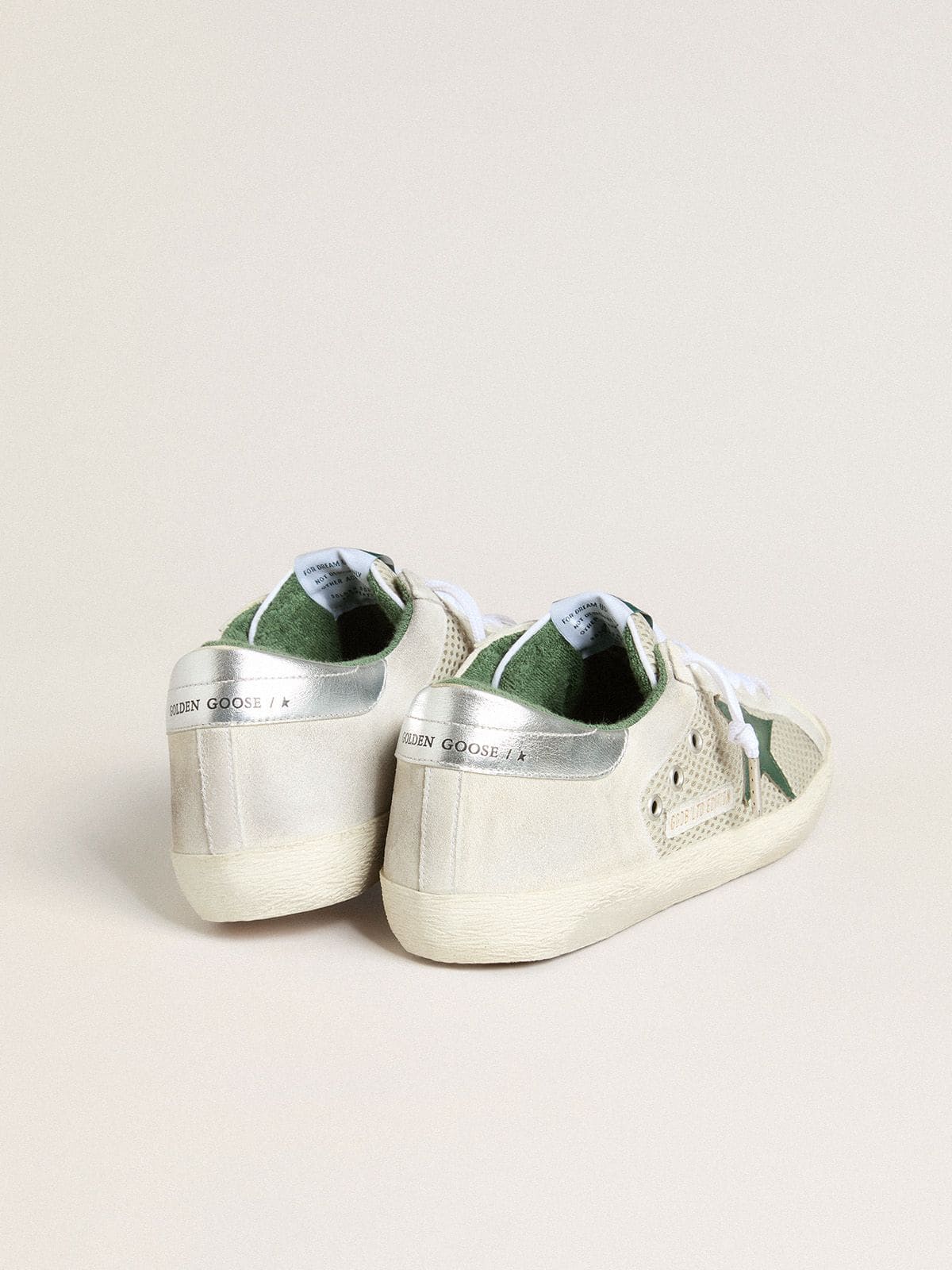 Men’s Super-Star LTD in white suede and mesh with green leather star and silver heel tab - Golden Goose Men