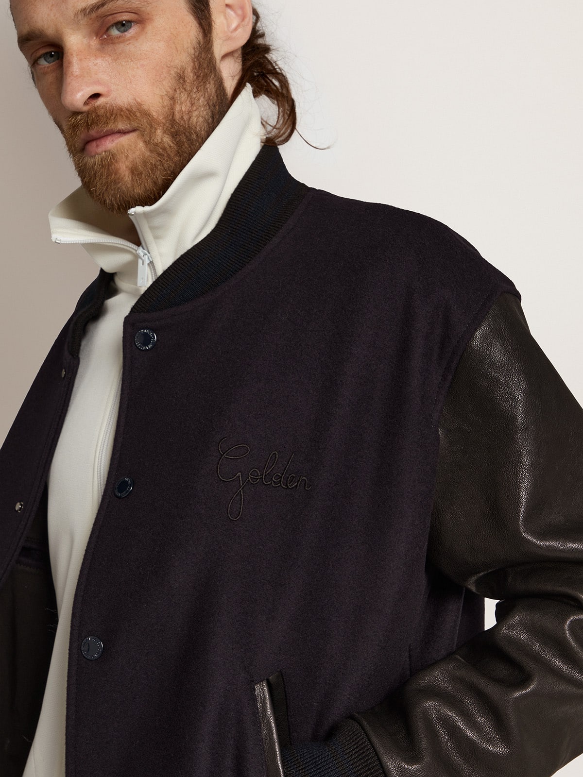 Men’s bomber jacker in blue wool and black leather | Golden Goose - Golden Goose Men