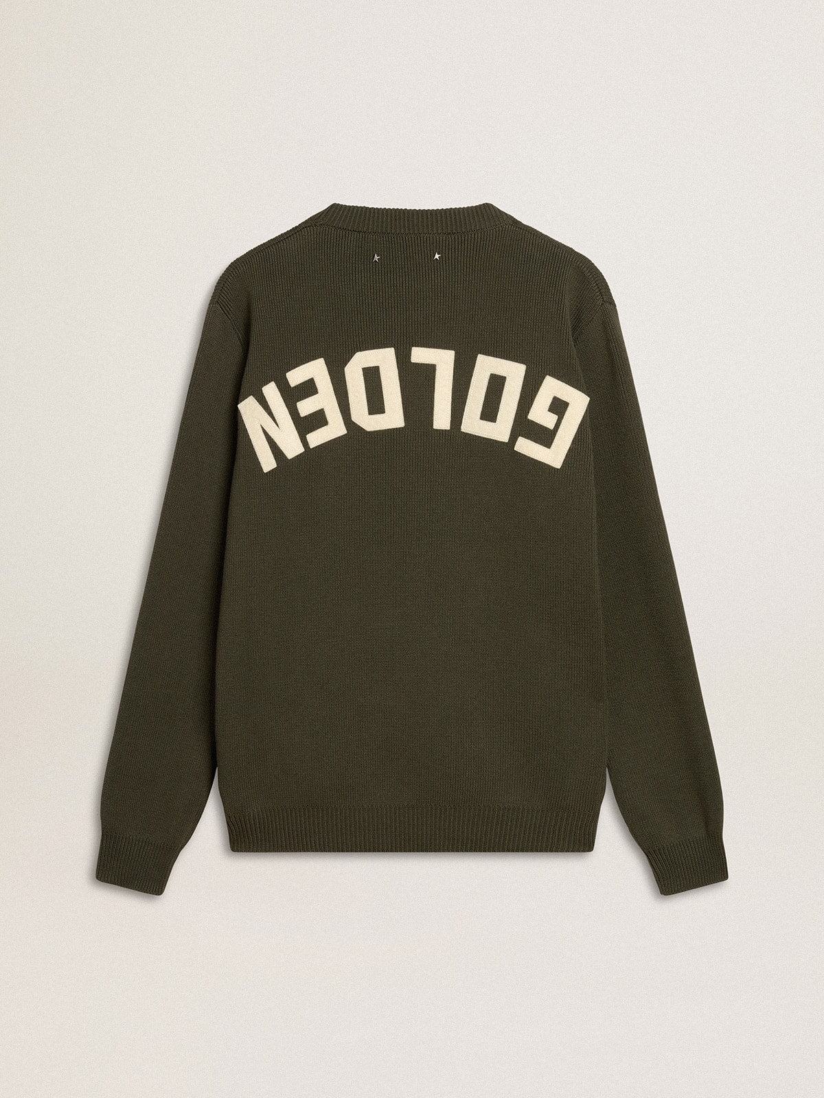 Men's military green crew neck sweater with 'Golden' lettering on the back - Golden Goose Men