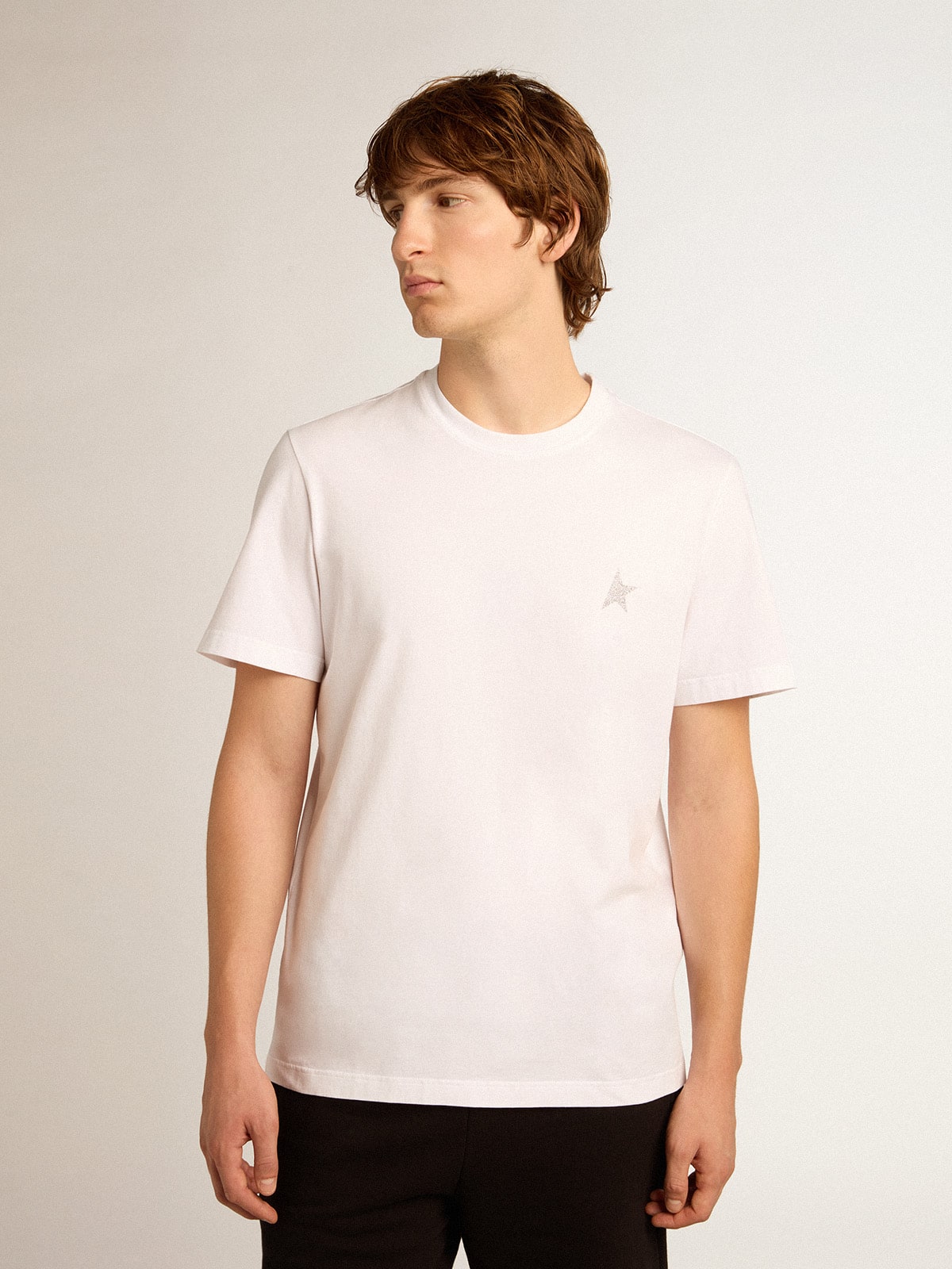 Men's white T-shirt with silver glitter star on the front - Golden Goose Men