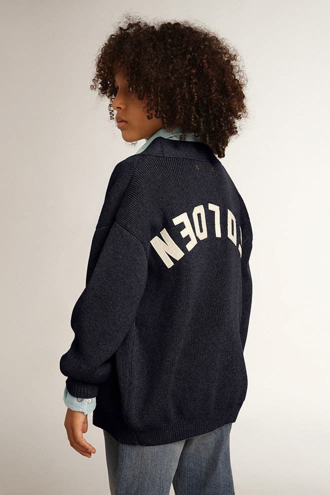 Dark blue cotton cardigan with logo on the back - Golden Goose Kids