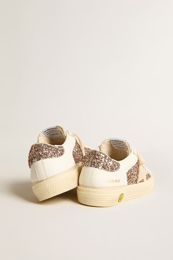 May Teen in white leather and rose gold glitter with beige suede star - Golden Goose Kids