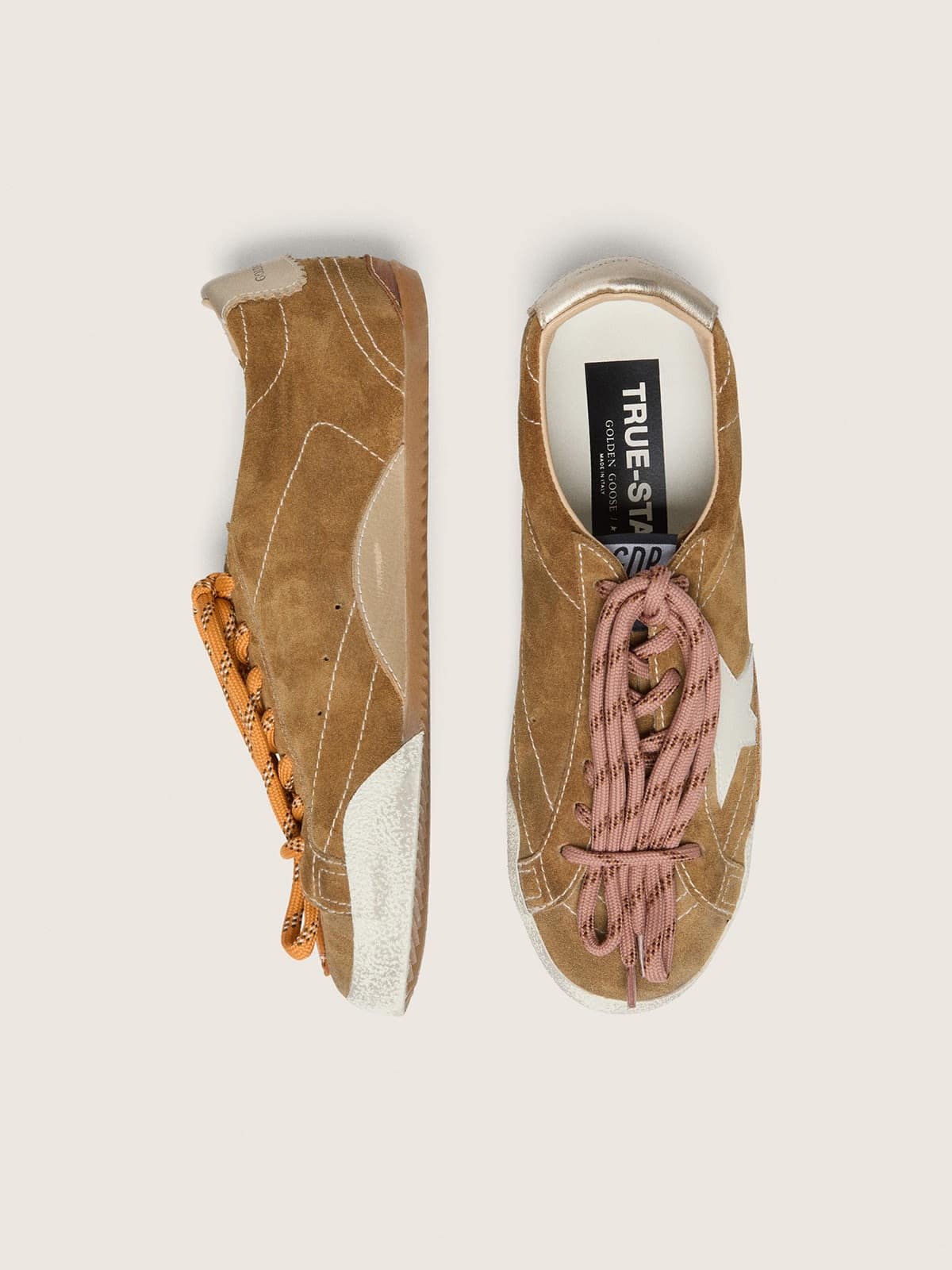 Women's True-Star in tobacco-colored suede with white star and platinum heel tab - Golden Goose Women