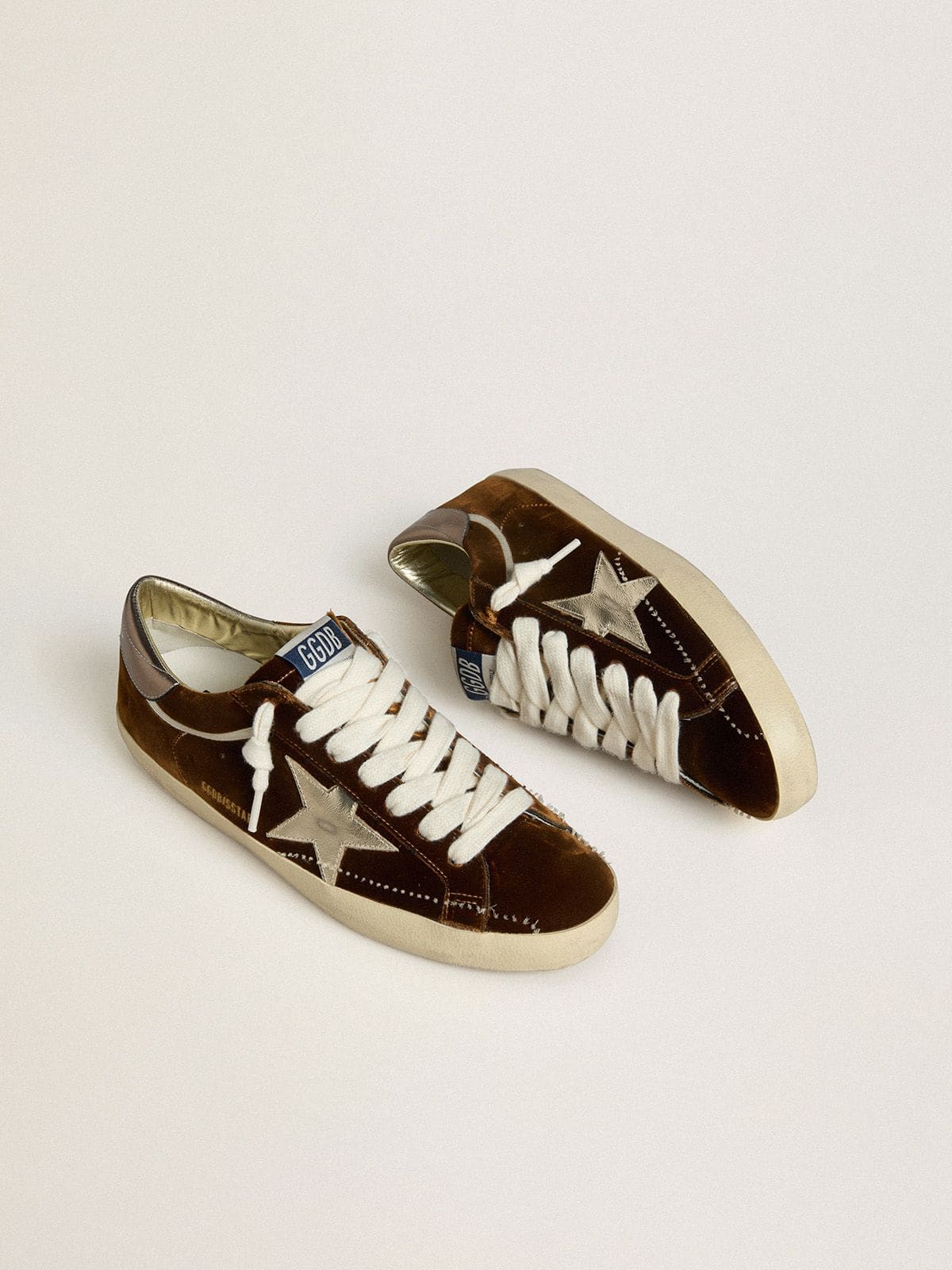 Women's Super-Star in cognac velvet with metallic leather star and heel tab - Golden Goose Women