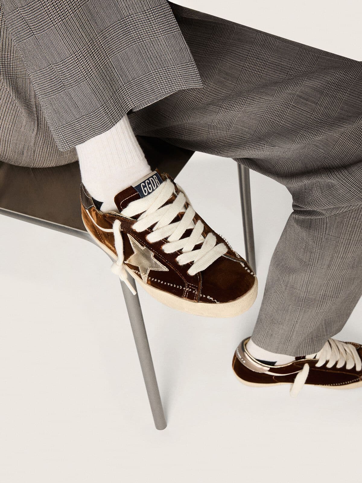 Women's Super-Star in cognac velvet with metallic leather star and heel tab - Golden Goose Women