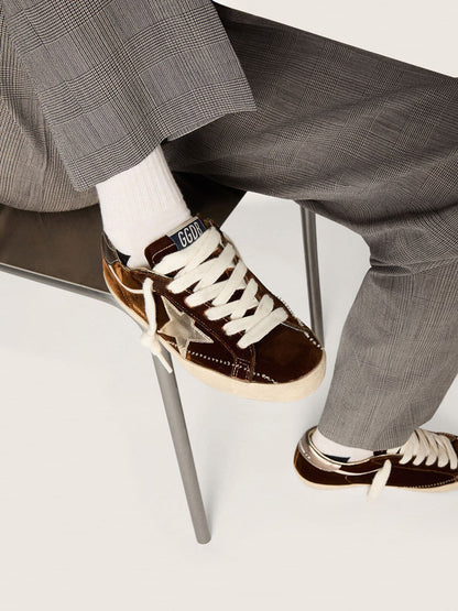 Women's Super-Star in cognac velvet with metallic leather star and heel tab - Golden Goose Women