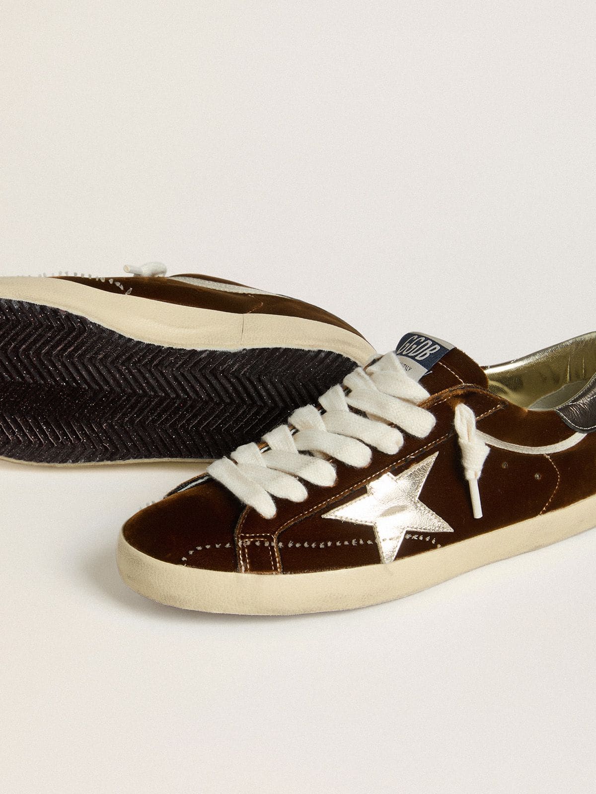 Women's Super-Star in cognac velvet with metallic leather star and heel tab - Golden Goose Women