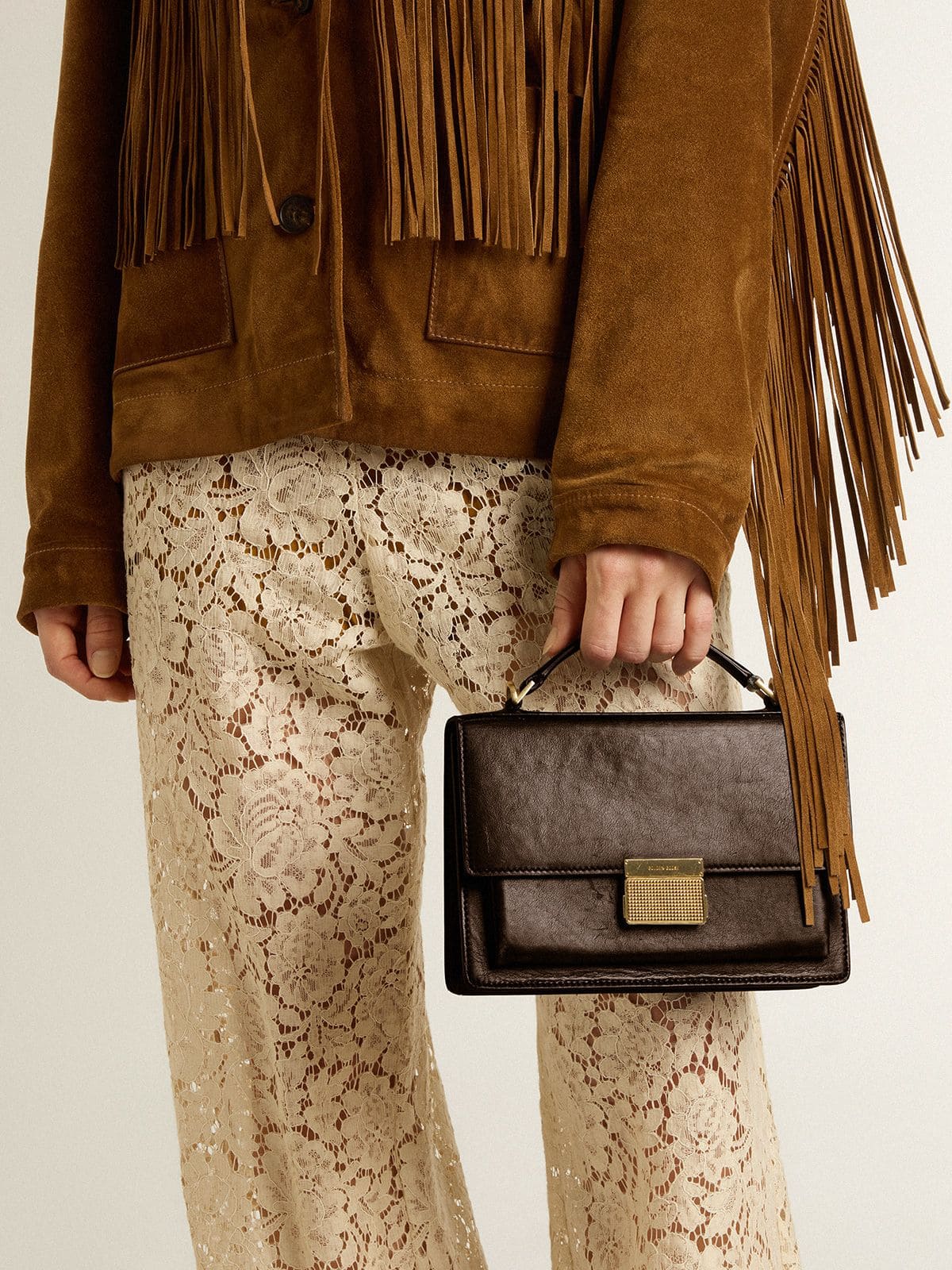 Venezia Bag in vintage dark brown embossed leather with gold details - Golden Goose Women