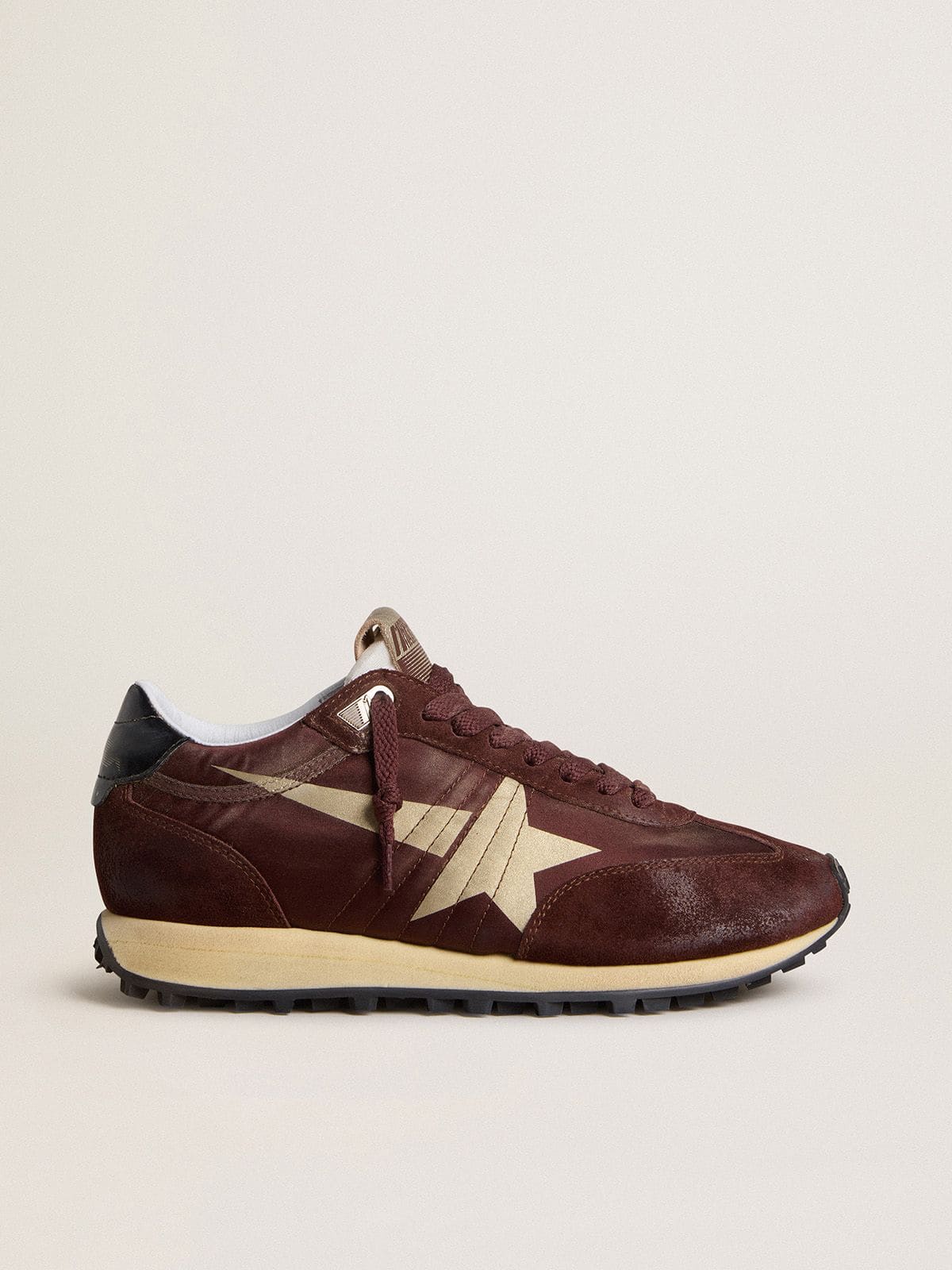 Women's Marathon with burgundy satin upper and platinum leather star - Golden Goose Women