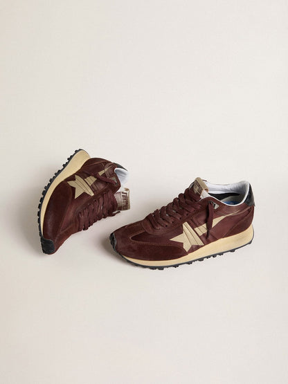 Women's Marathon with burgundy satin upper and platinum leather star - Golden Goose Women