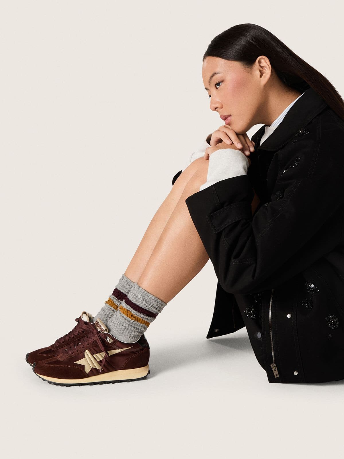 Women's Marathon with burgundy satin upper and platinum leather star - Golden Goose Women
