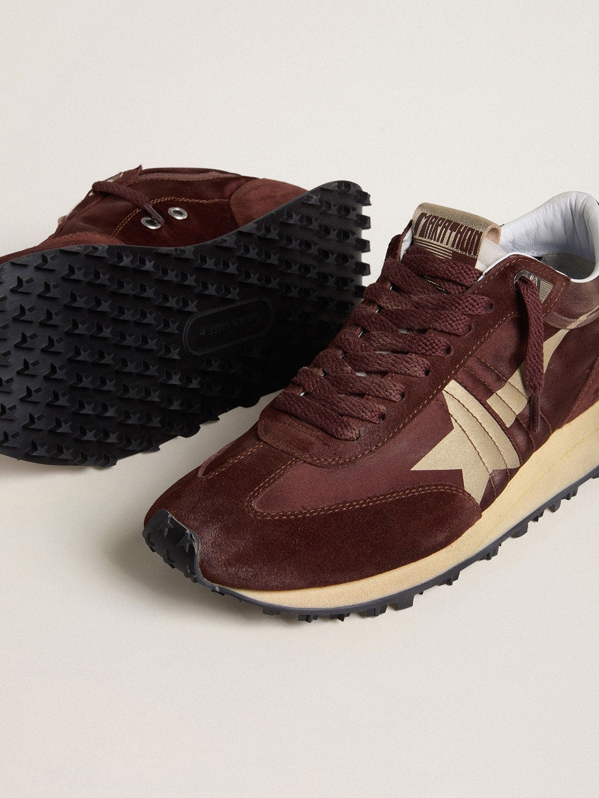 Women's Marathon with burgundy satin upper and platinum leather star - Golden Goose Women