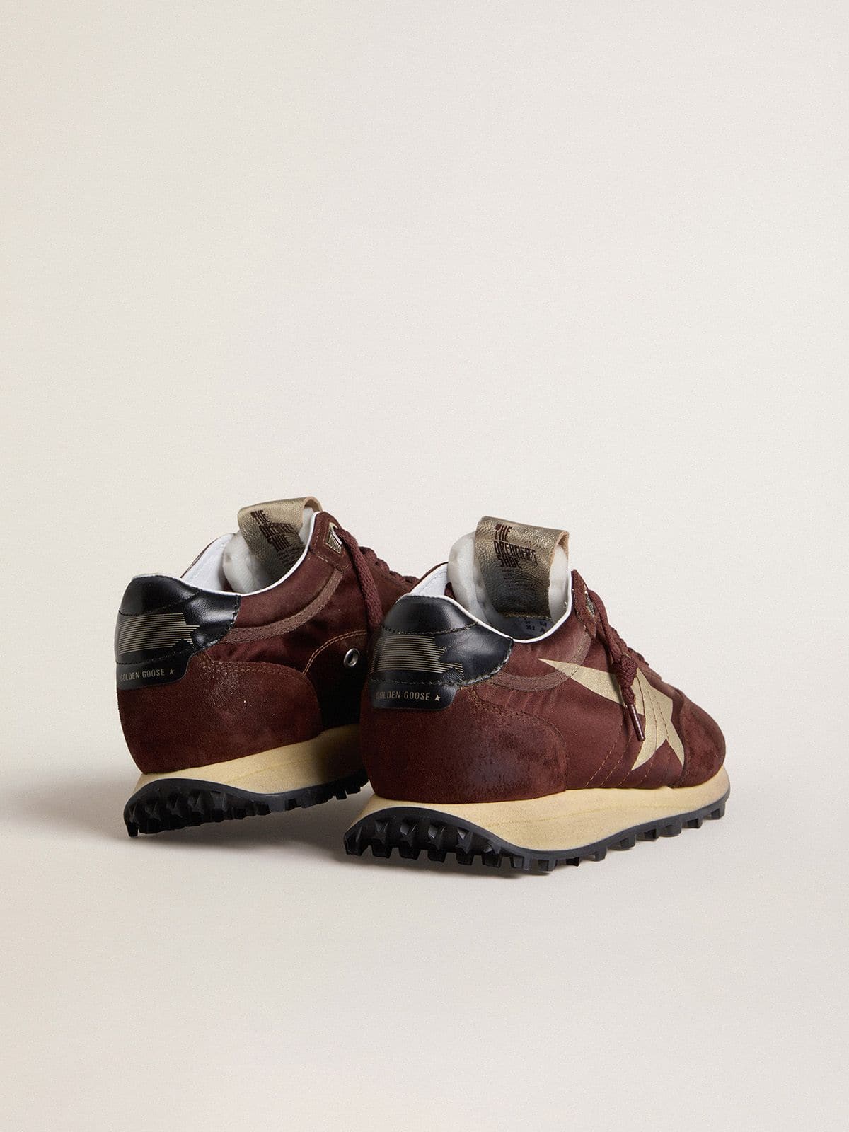 Women's Marathon with burgundy satin upper and platinum leather star - Golden Goose Women