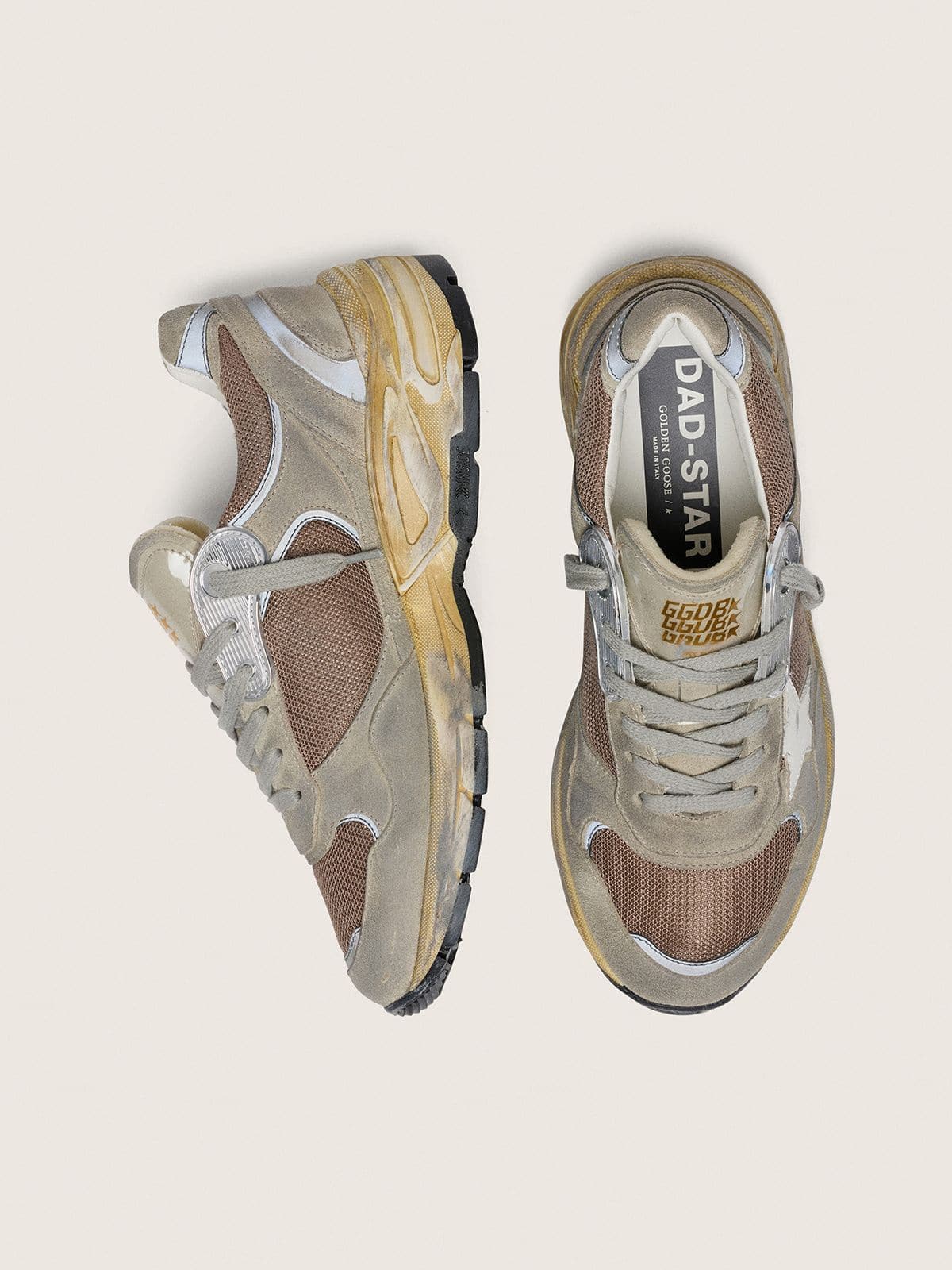 Women's Dad-Star in dove-gray suede and silver mesh with white leather star and suede heel tab - Golden Goose Women