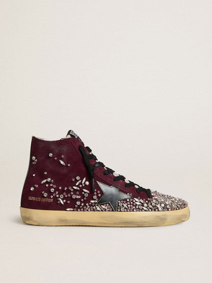 Women's Francy LAB in burgundy suede with glossy black leather star and rhinestones - Golden Goose Women