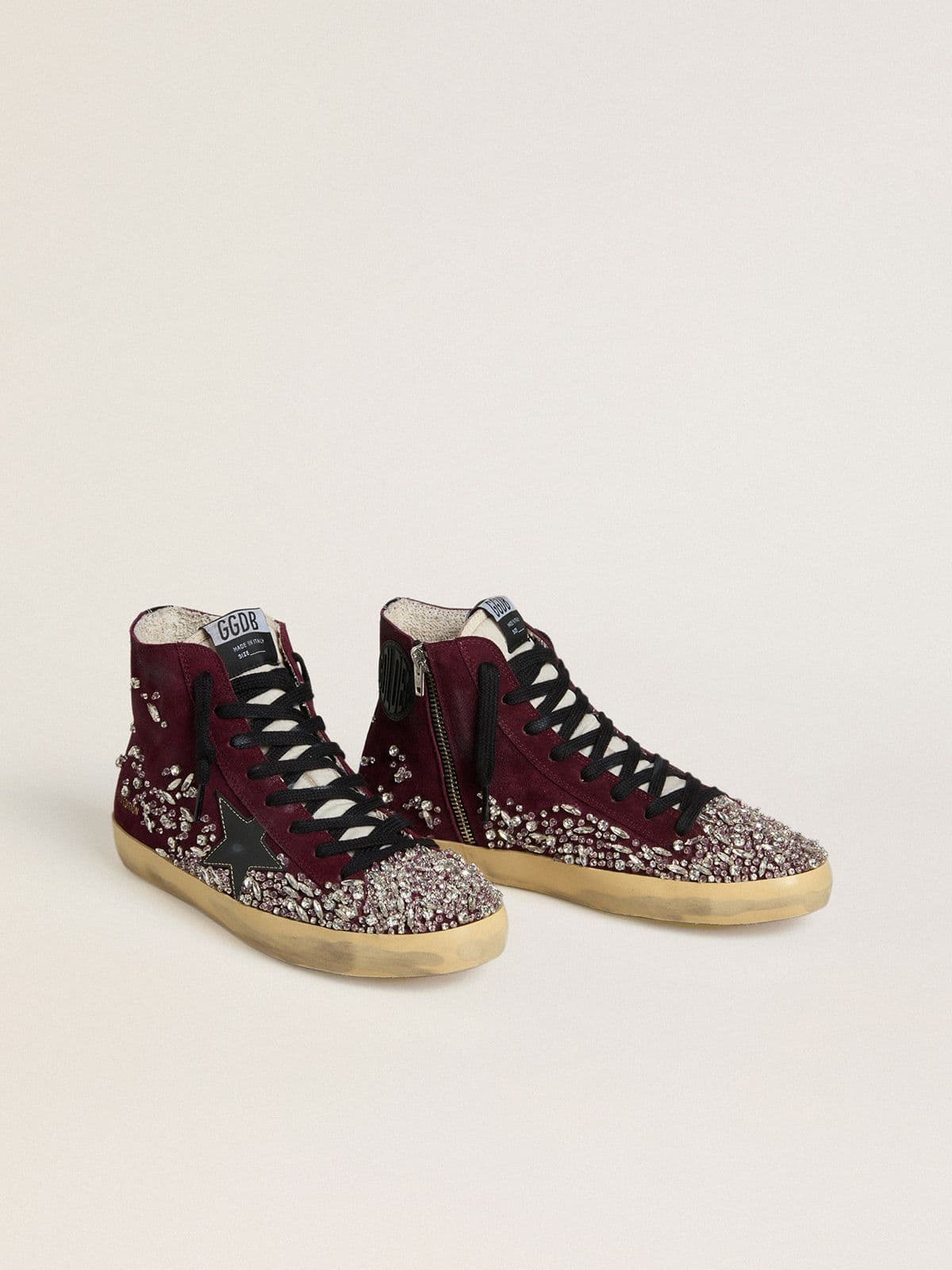Women's Francy LAB in burgundy suede with glossy black leather star and rhinestones - Golden Goose Women