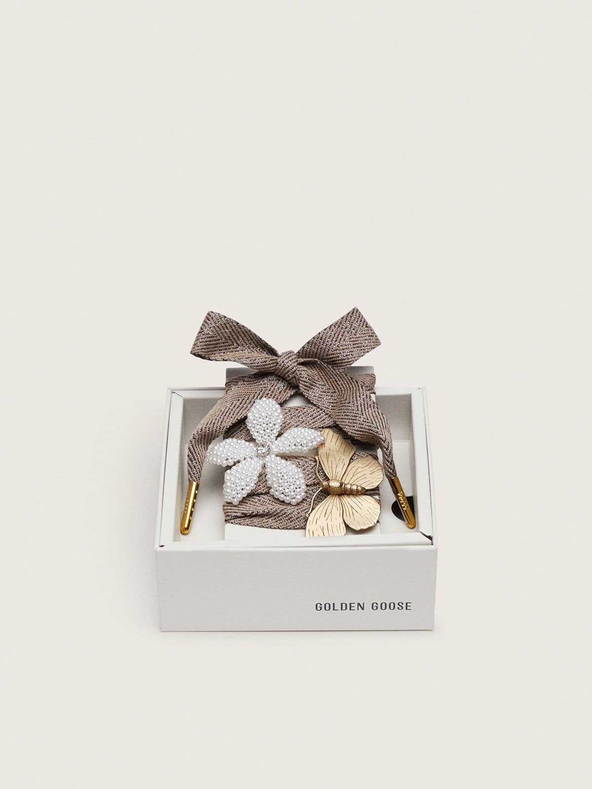 Skin "Sparkling" brown, black and silver herringbone laces with two appliqué charms - Golden Goose Women|Men