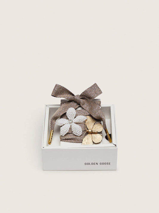 Skin "Sparkling" brown, black and silver herringbone laces with two appliqué charms - Golden Goose Women|Men