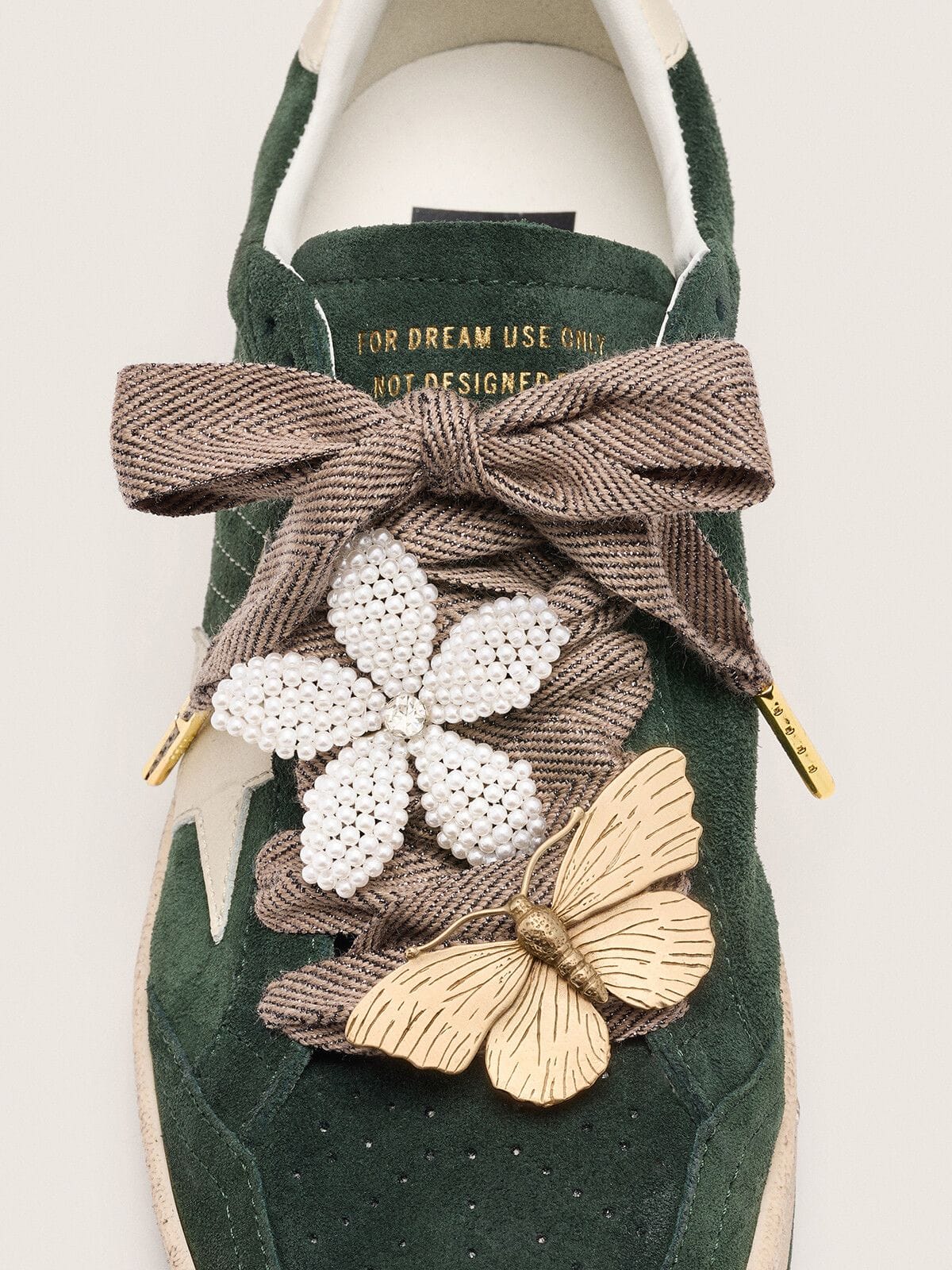 Skin "Sparkling" brown, black and silver herringbone laces with two appliqué charms - Golden Goose Women|Men