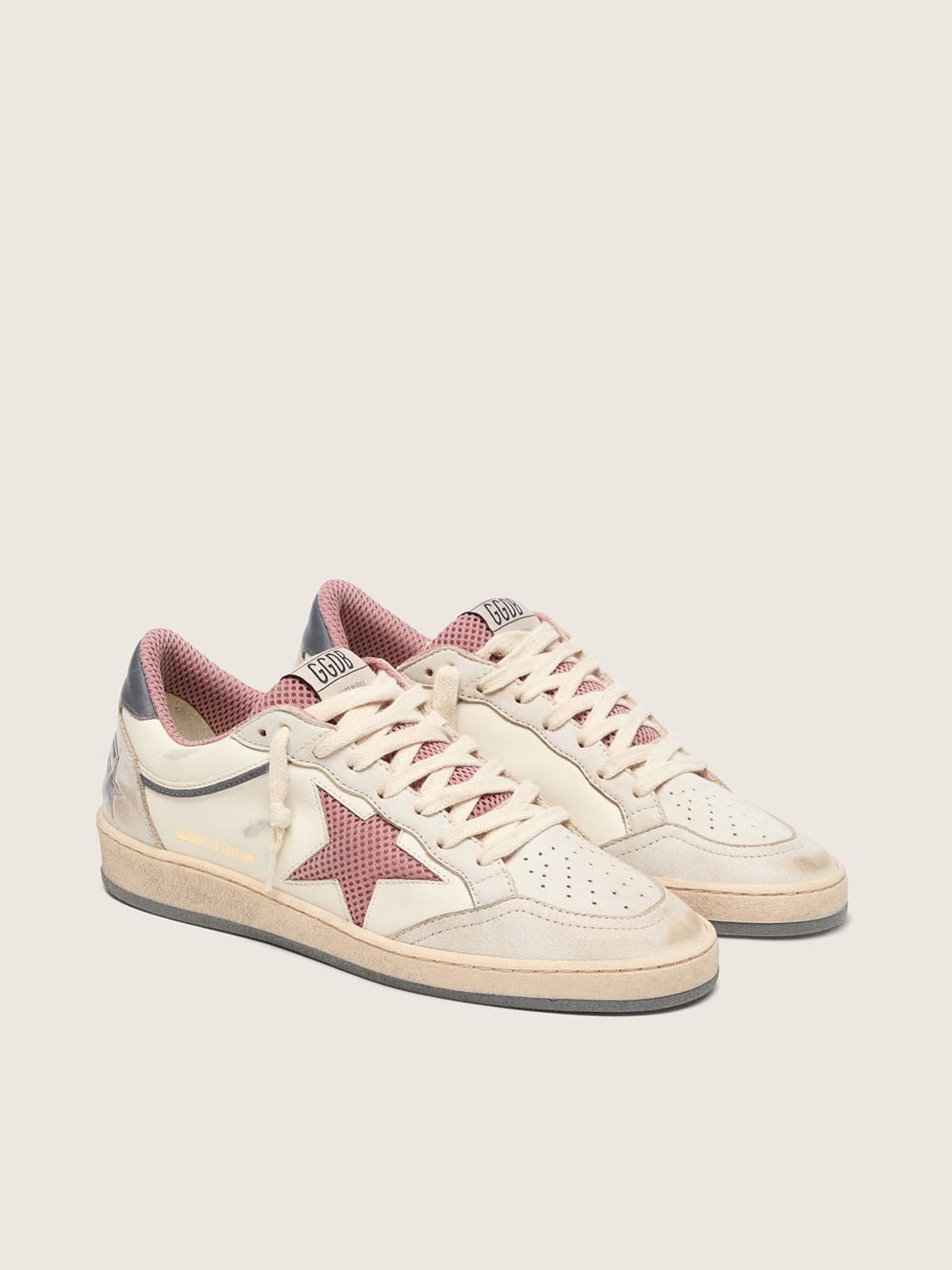 Women's Ball Star LTD in beige leather with pink mesh star and blue leather heel tab - Golden Goose Women