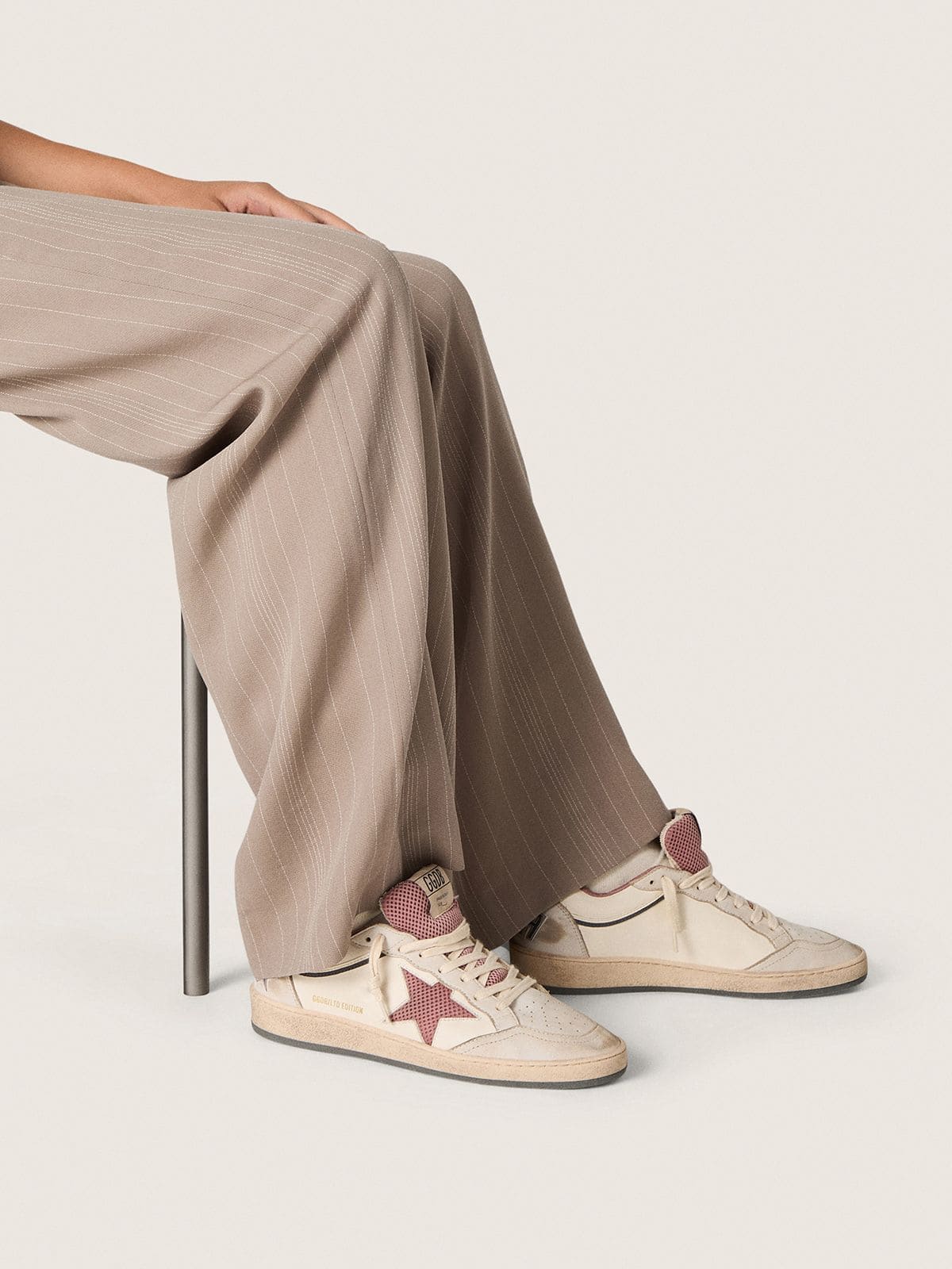 Women's Ball Star LTD in beige leather with pink mesh star and blue leather heel tab - Golden Goose Women