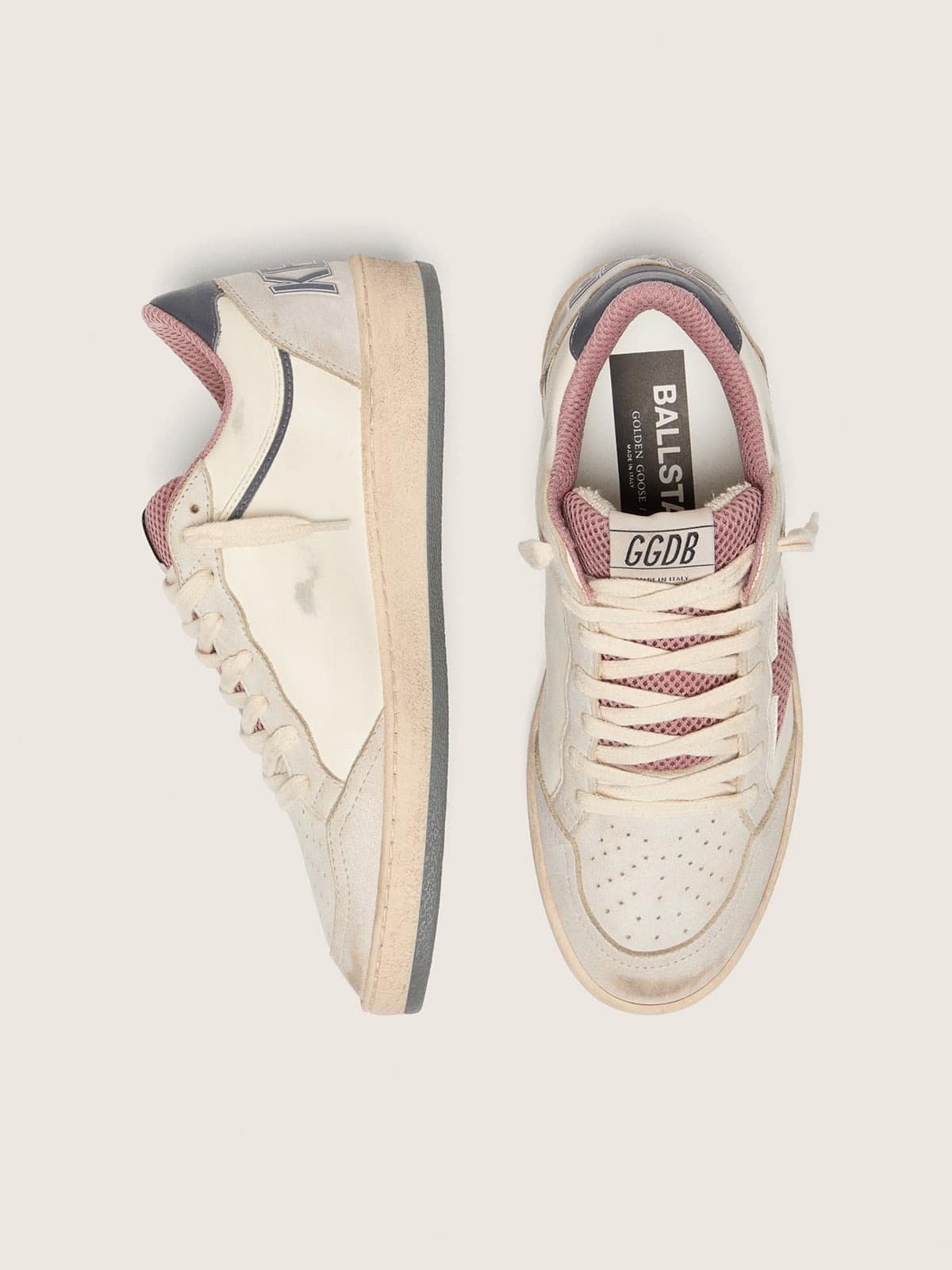 Women's Ball Star LTD in beige leather with pink mesh star and blue leather heel tab - Golden Goose Women