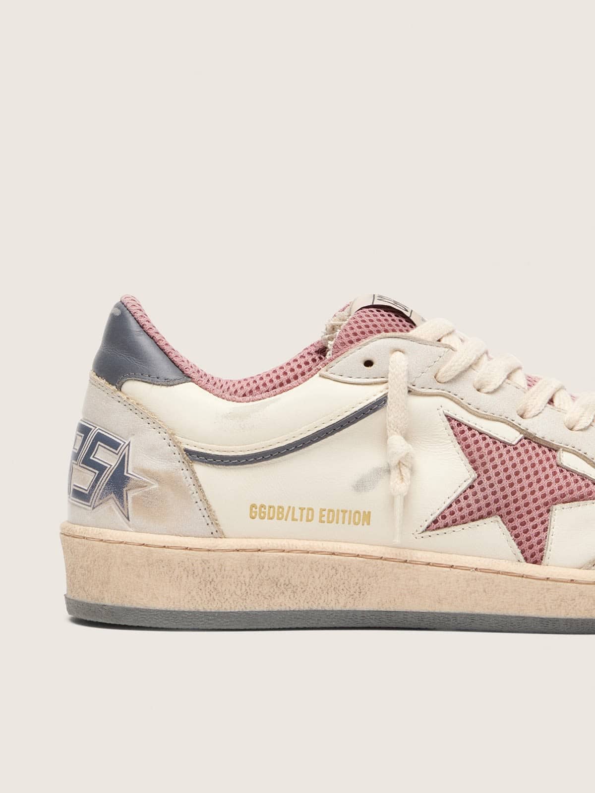 Women's Ball Star LTD in beige leather with pink mesh star and blue leather heel tab - Golden Goose Women