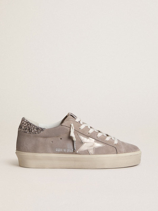 Women’s Hi Star sneakers in beige suede with laminated leather star and glitter heel tab - Golden Goose Women